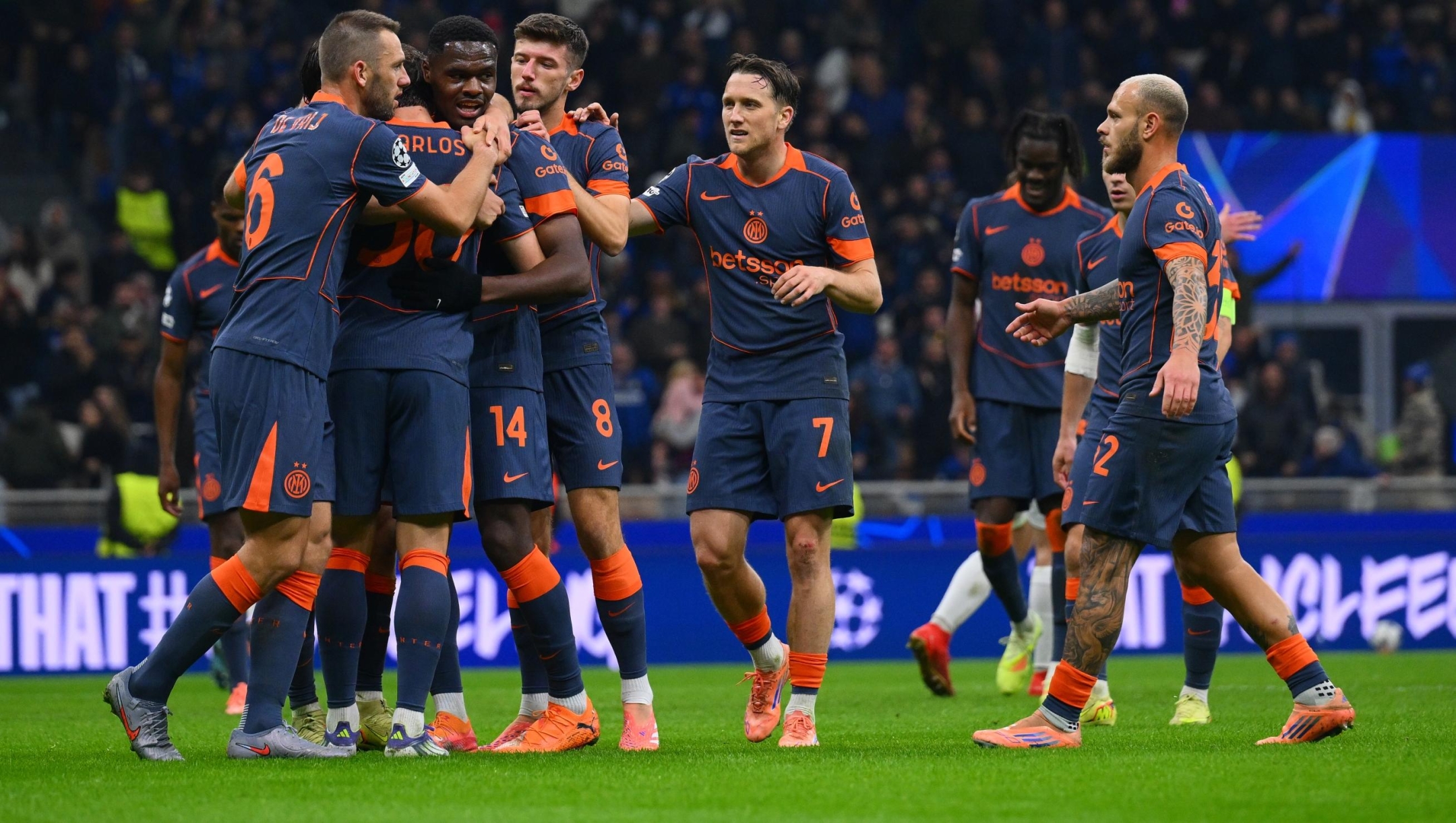   Carlos Augusto of FC Internazionale celebrates with team-mates after scoring the goal during the UEFA Champions League 2025/26 League Phase MD4 match between FC Internazionale Milano and FC Kairat Almaty at Stadio San Siro on November 05, 2025 in Milan, Italy. (Photo by Mattia Pistoia - Inter/Inter via Getty Images)