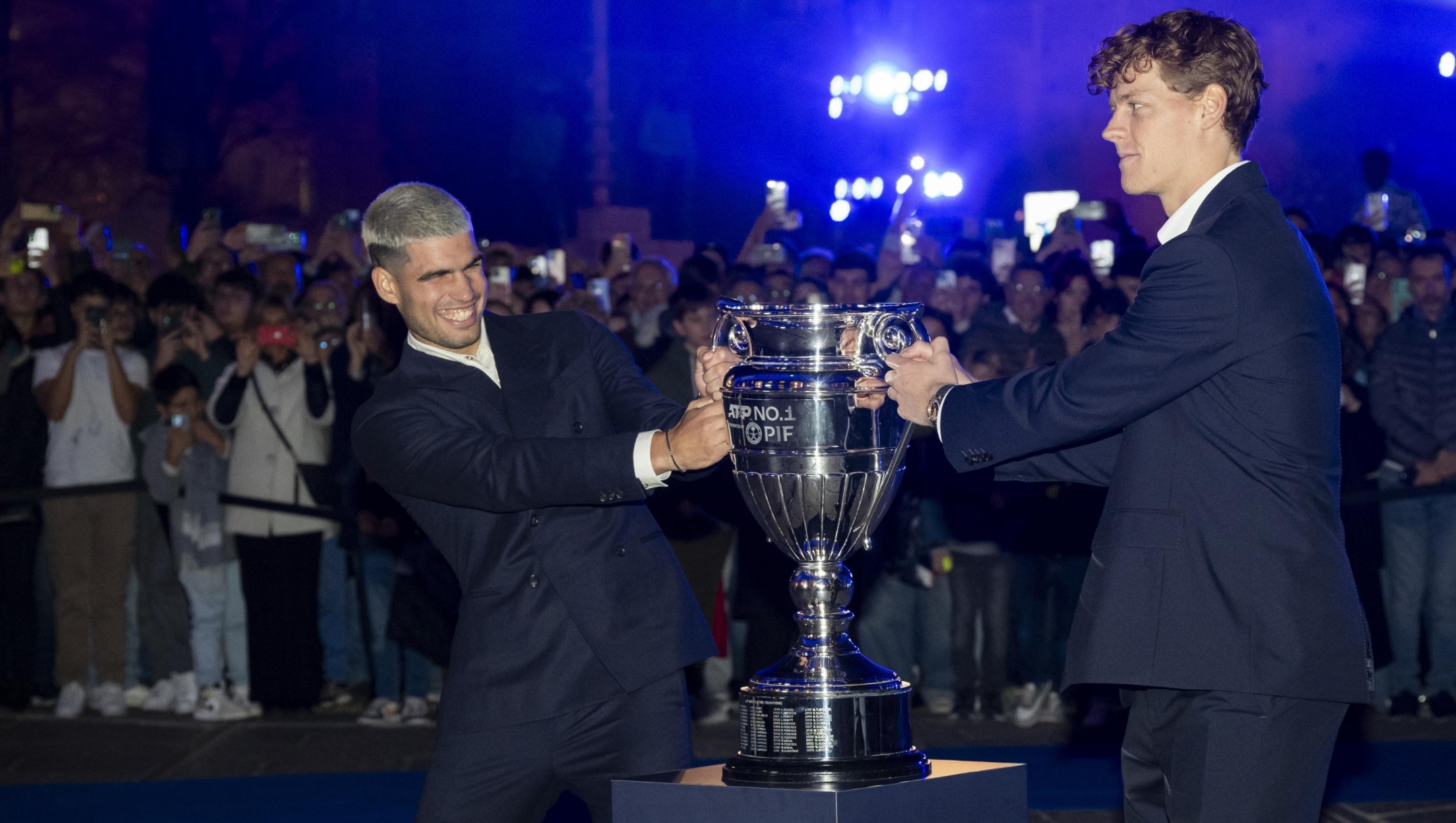   Spanish tennis player Carlos Alcaraz and Italian tennis player Jannik Sinner attend the Blue Carpet during the Nitto ATP Finals 2025 on November 7, 2025 in Turin, Italy.  (Photo by Giorgio Perottino/Getty Images for Citta Di Torino )
