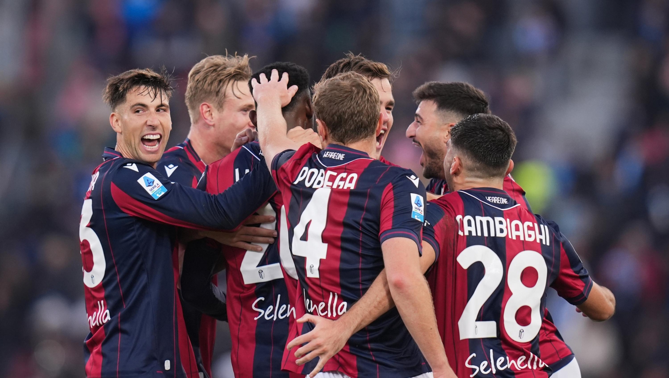 Bologna's Jhon Lucumi celebrates after scoring the 2-0 goal for his team during the Serie A soccer match between Bologna and Napoli at the Renato DallÕAra Stadium in Bologna, north Italy - Sunday, November 9, 2025 - (Photo by Massimo Paolone/LaPresse)