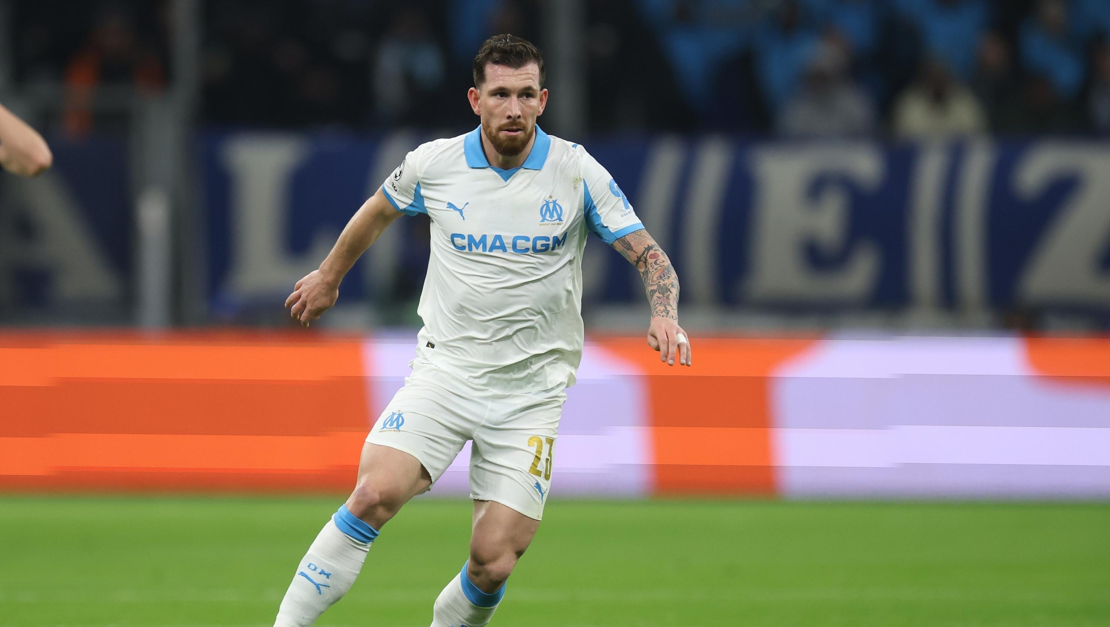  Pierre-Emile Hojbjerg of Olympique de Marseille runs with the ball during the UEFA Champions League 2025/26 League Phase MD5 match between Olympique de Marseille and Newcastle United FC at Stade de Marseille on November 25, 2025 in Marseille, France. (Photo by Alexander Hassenstein/Getty Images)