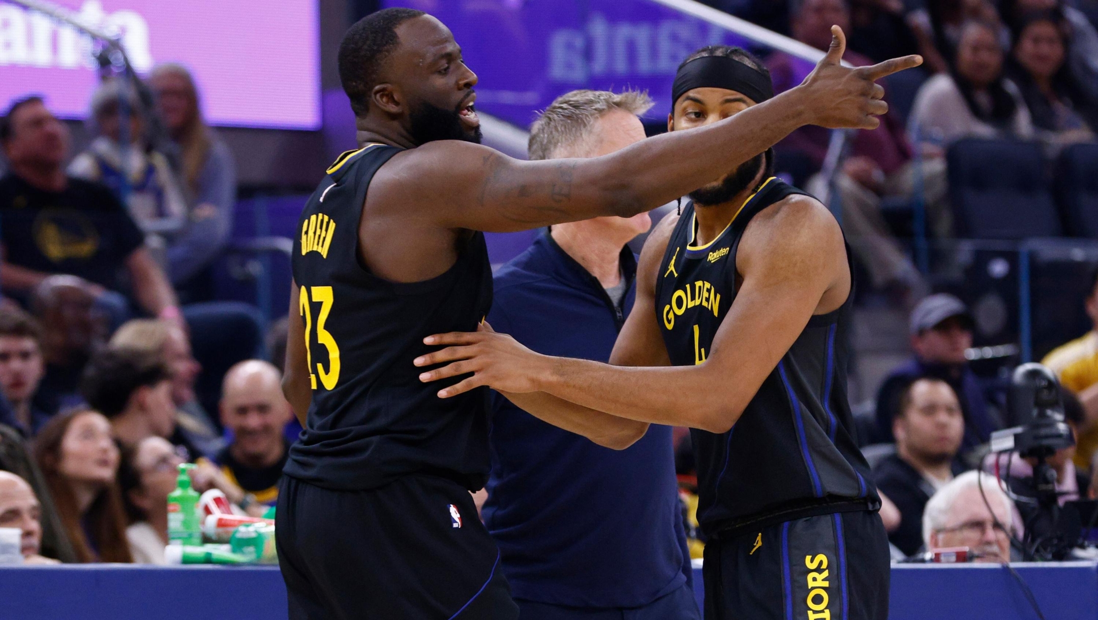 Golden State Warriors forward Draymond Green (23) is ejected in the first half during an NBA basketball game against the Phoenix Suns in San Francisco, Saturday, Dec. 20, 2025. (Santiago Mejia/San Francisco Chronicle via AP)