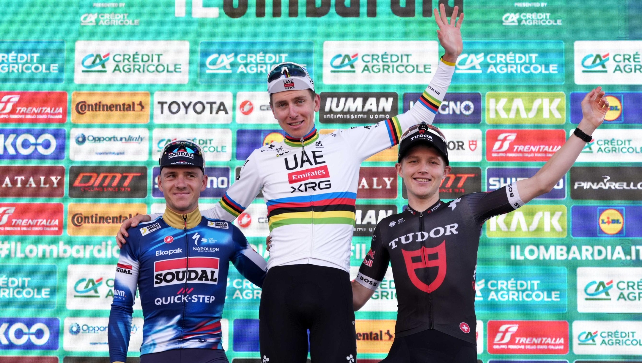 EVENEPOEL Remco second palce, STORER Michael third place, POGACAR Tadej wins the 119th edition of the Il Lombardia, Tour of Lombardy cycling race, a 241 km one day race from Como to Bergamo on October 11, 2025, Italy. (Photo by Gian Mattia D'Alberto/LaPresse)
