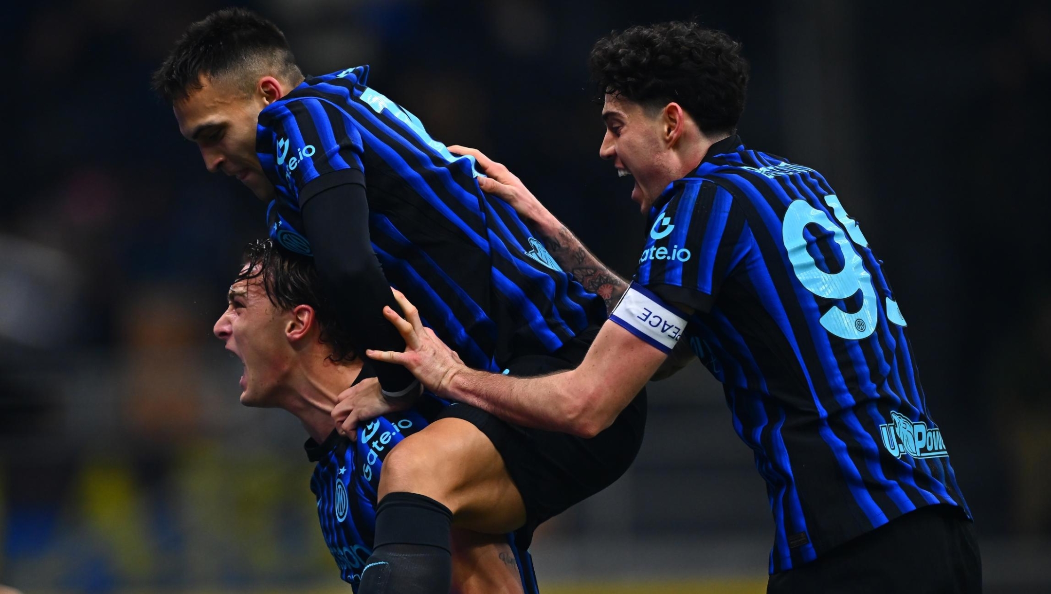    Pio Esposito of FC Internazionale celebrates after scoring the goal during the Serie A match between FC Internazionale and US Lecce at Giuseppe Meazza Stadium on January 14, 2026 in Milan, Italy. (Photo by Mattia Pistoia - Inter/Inter via Getty Images)