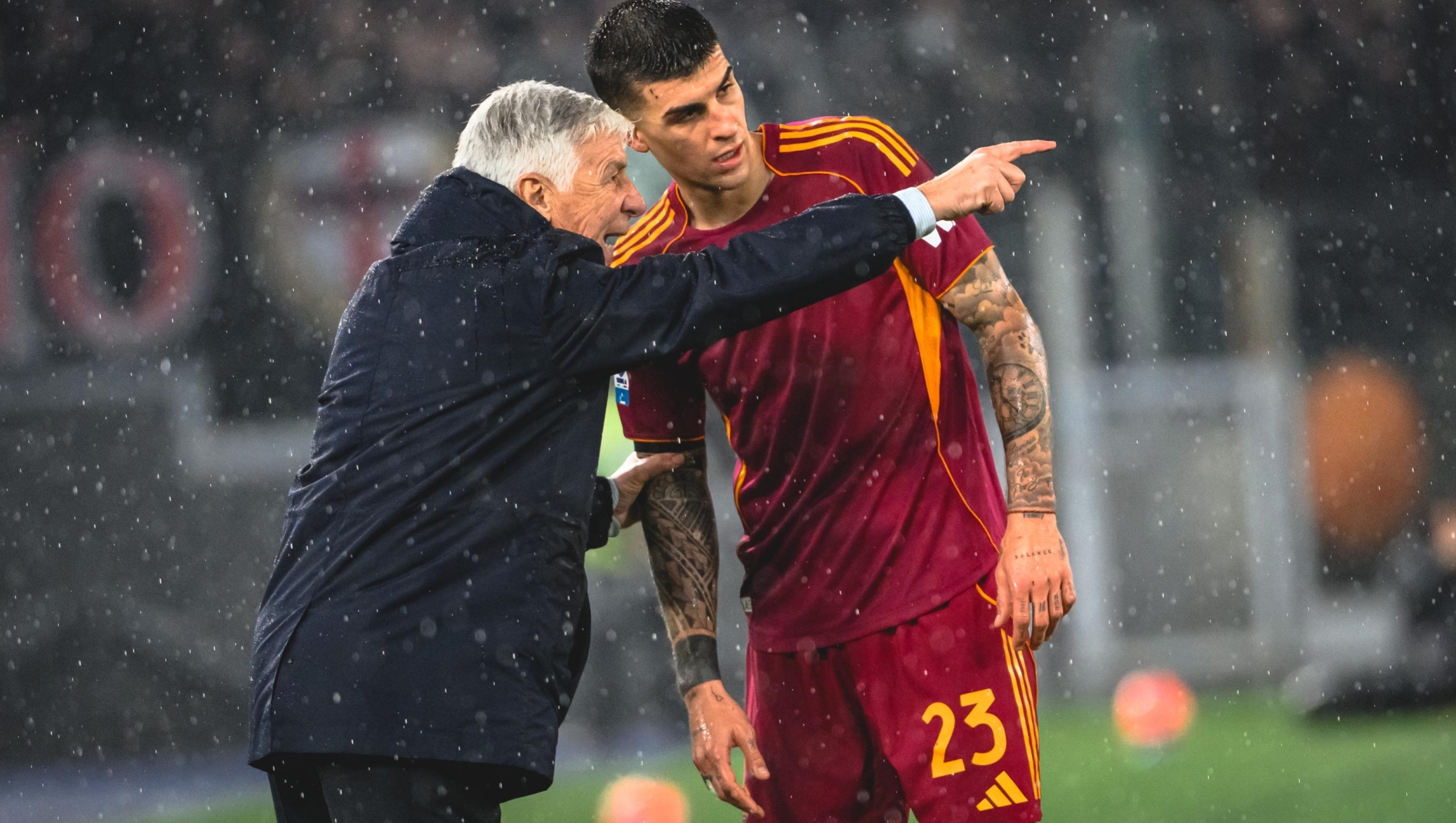  AS Roma coach Gian Piero Gasperini and player Gianluca Mancini during the Serie A match between AS Roma and AC Milan at Stadio Olimpico on January 25, 2026 in Rome, Italy. (Photo by Luciano Rossi/AS Roma via Getty Images)