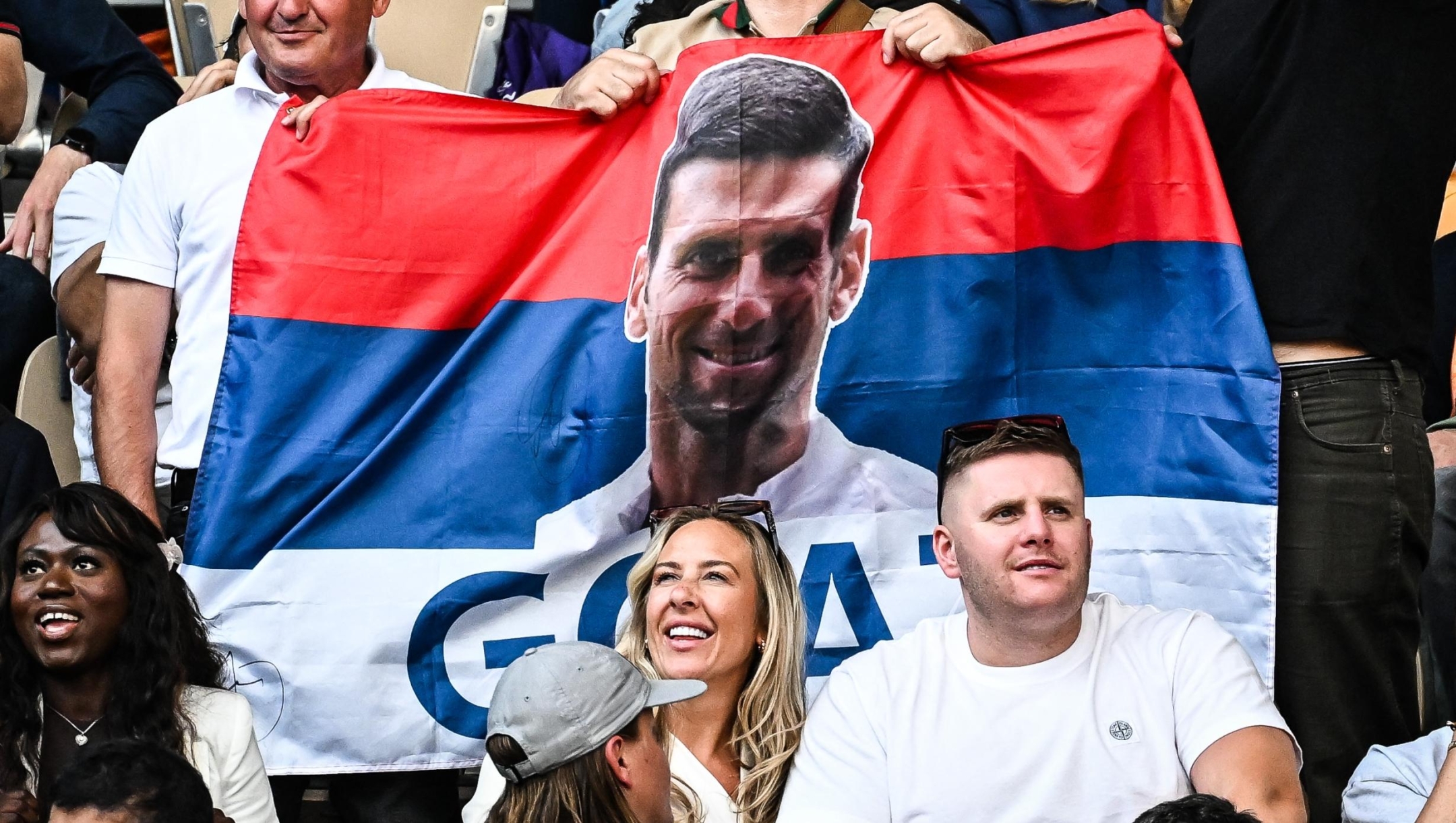 Supporters of Novak DJOKOVIC of Serbia during the thirteenth day of the Roland-Garros 2025, French Open, Grand Slam tennis tournament on 06 June 2025 at Roland-Garros stadium in Paris, France - Photo Matthieu Mirville / DPPI (Photo by Matthieu Mirville / DPPI via AFP)
