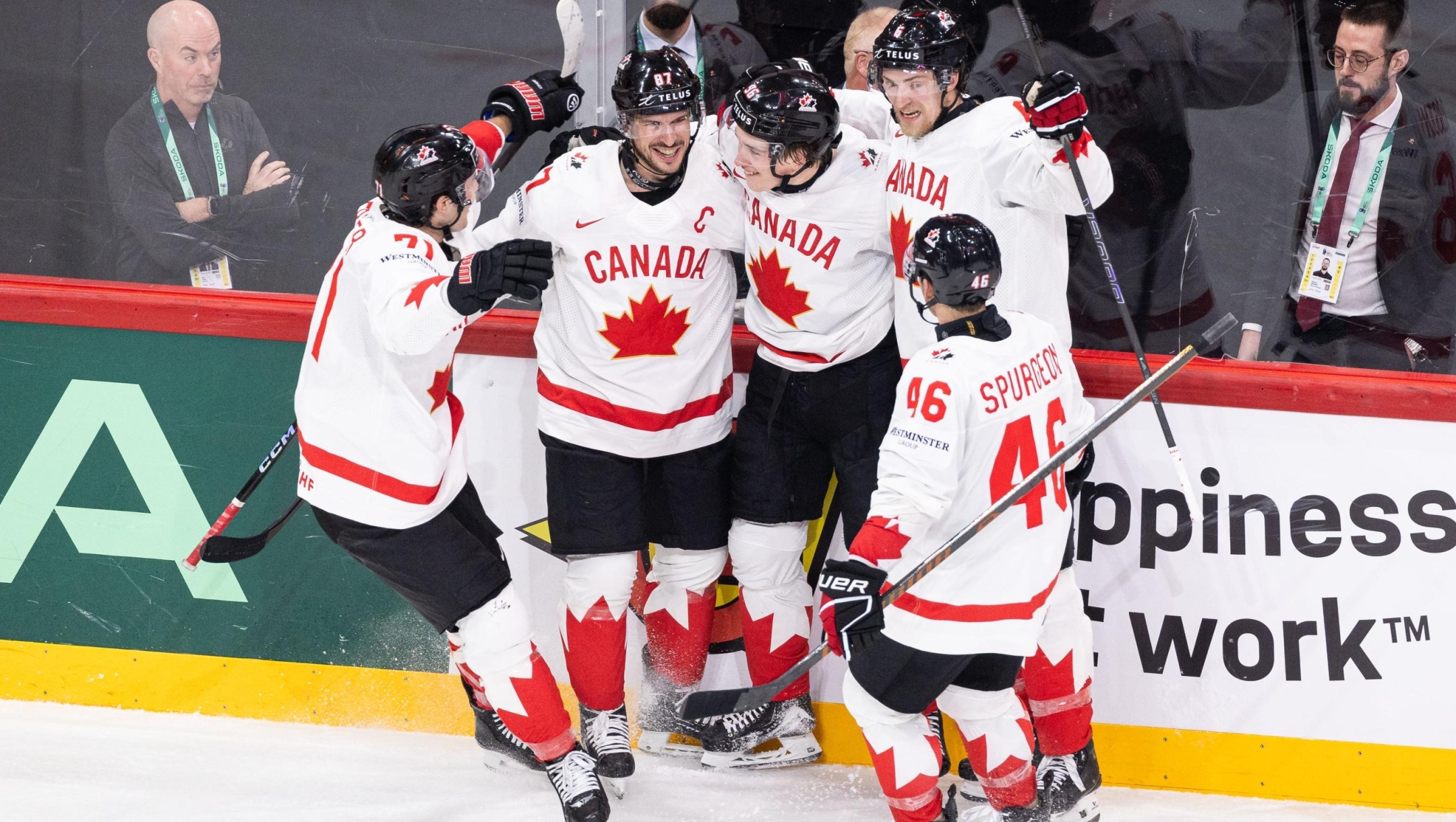 Macklin Celebrini of Canada celebrates with teammates after scoring the 2-4 goal during the 2025 Ice Hockey World Championship match between Sweden and Canada at Avicii Arena on May 20, 2025 in Stockholm, Sweden. (Photo by Michael Campanella/Getty Images)