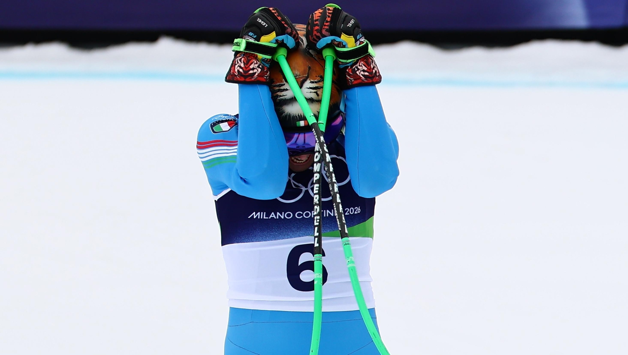  Federica Brignone of Team Italy reacts in the finish area during the Women's Super G on day six of the Milano Cortina 2026 Winter Olympics at Tofane Alpine Skiing Centre on February 12, 2026 in Cortina d'Ampezzo, Italy. (Photo by Mattia Ozbot/Getty Images)