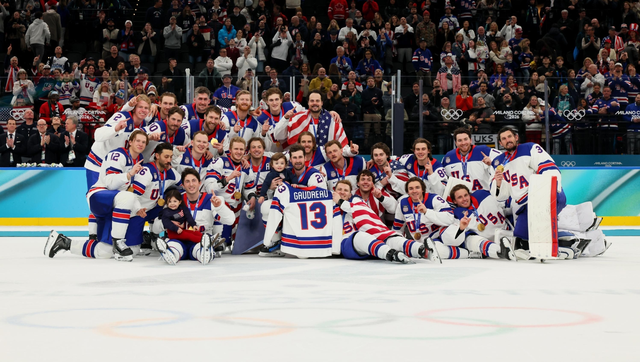  Gold medalists, Team United States, pose for a team photo during the medal ceremony following the Men's Gold Medal match between Canada and the United States on day 16 of the Milano Cortina 2026 Winter Olympic games at Milano Santagiulia Ice Hockey Arena on February 22, 2026 in Milan, Italy. (Photo by Bruce Bennett/Getty Images)