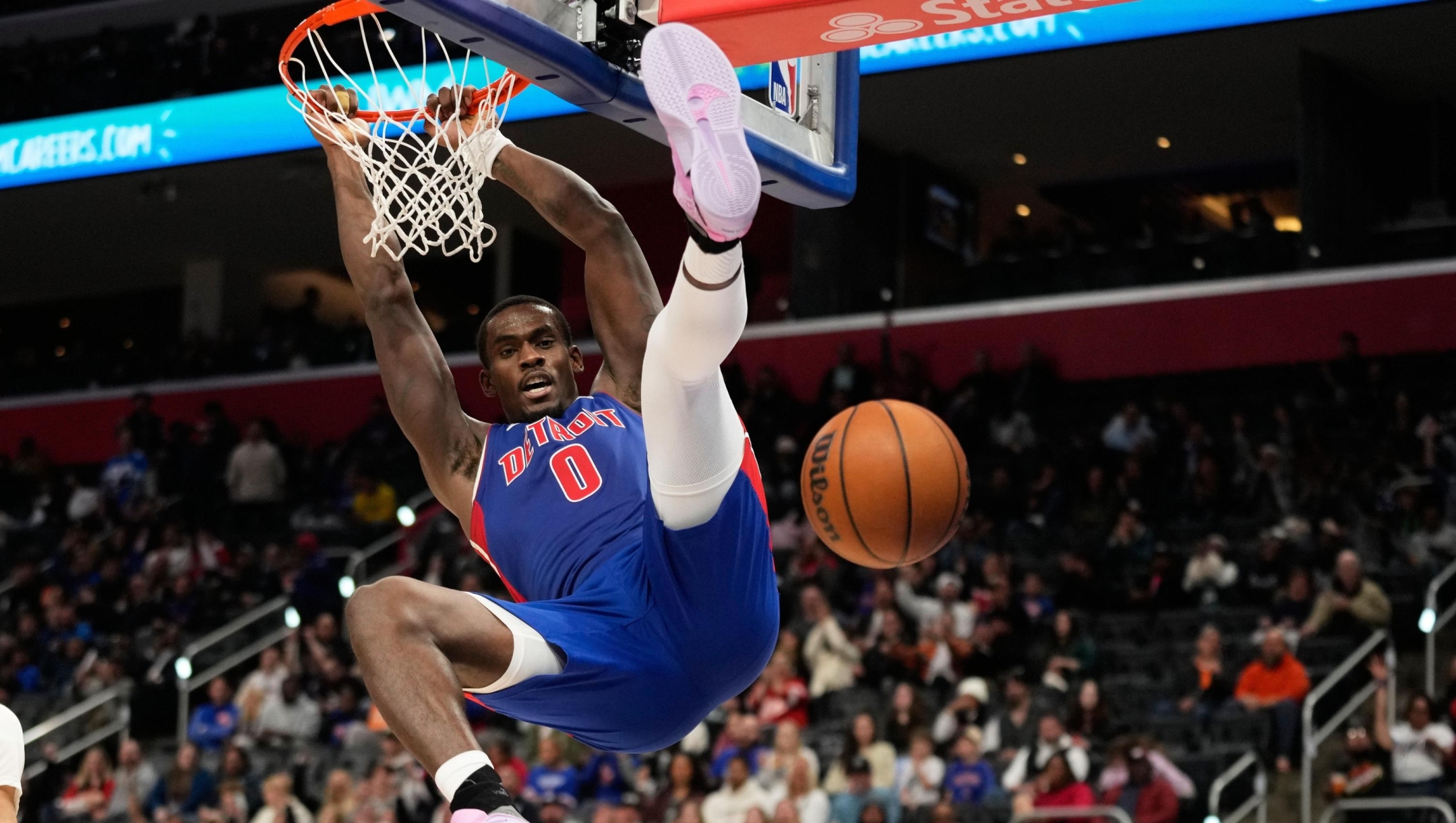 Detroit Pistons center Jalen Duren dunks the ball during the second half of an NBA basketball game against the Orlando Magic, Wednesday, Oct. 29, 2025, in Detroit. (AP Photo/Ryan Sun)