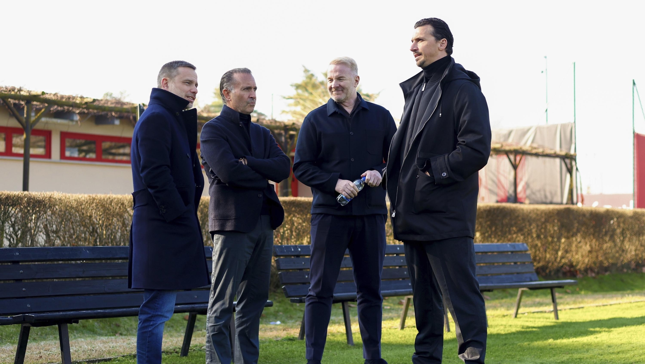  Gerry Cardinale owner of AC Milan, AC Milan CEO Giorgio Furlani, AC Milan DS Igli Tare and AC Milan Senior Advisor Zlatan Ibrahimovic looks on at Milanello on January 21, 2026 in Cairate, Italy. (Photo by Giuseppe Cottini/AC Milan via Getty Images)