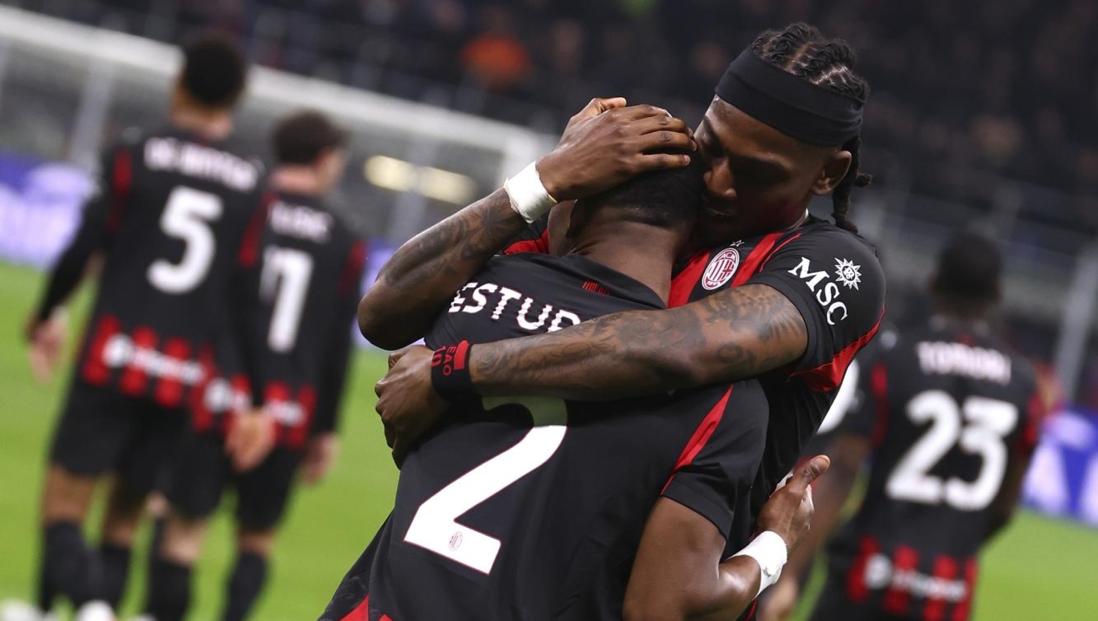  Pervis Estupinan of AC Milan celebrates with Rafael Leao after scoring the his team's first goal during the Serie A match between AC Milan and FC Internazionale at Giuseppe Meazza Stadium on March 08, 2026 in Milan, Italy. (Photo by Giuseppe Cottini/AC Milan via Getty Images)
