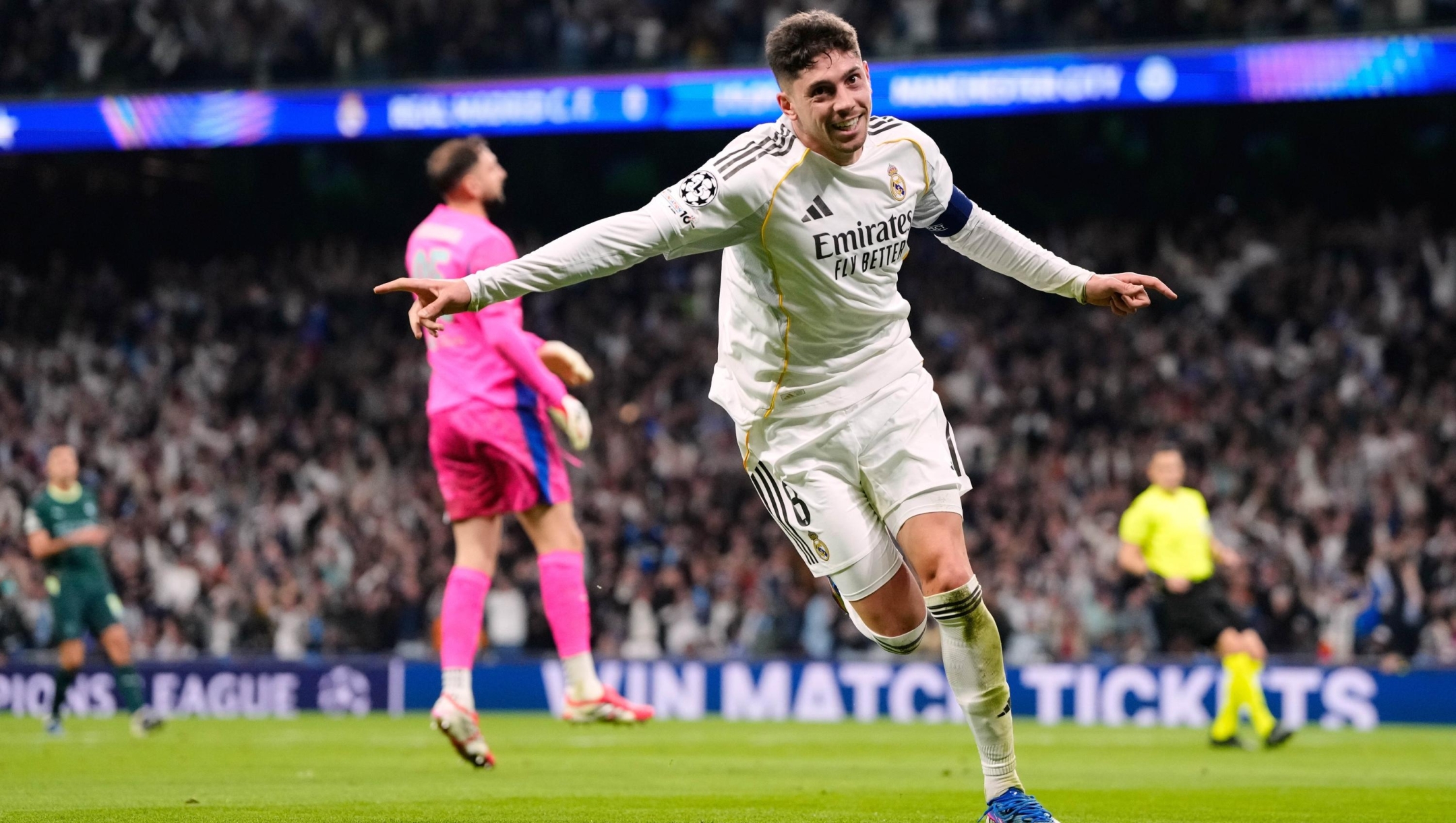 Real Madrid's Federico Valverde celebrates after scoring during a first leg round of 16 Champions League soccer match between Real Madrid and Manchester City in Madrid, Spain, Wednesday, March 11, 2026. (AP Photo/Jose Breton)