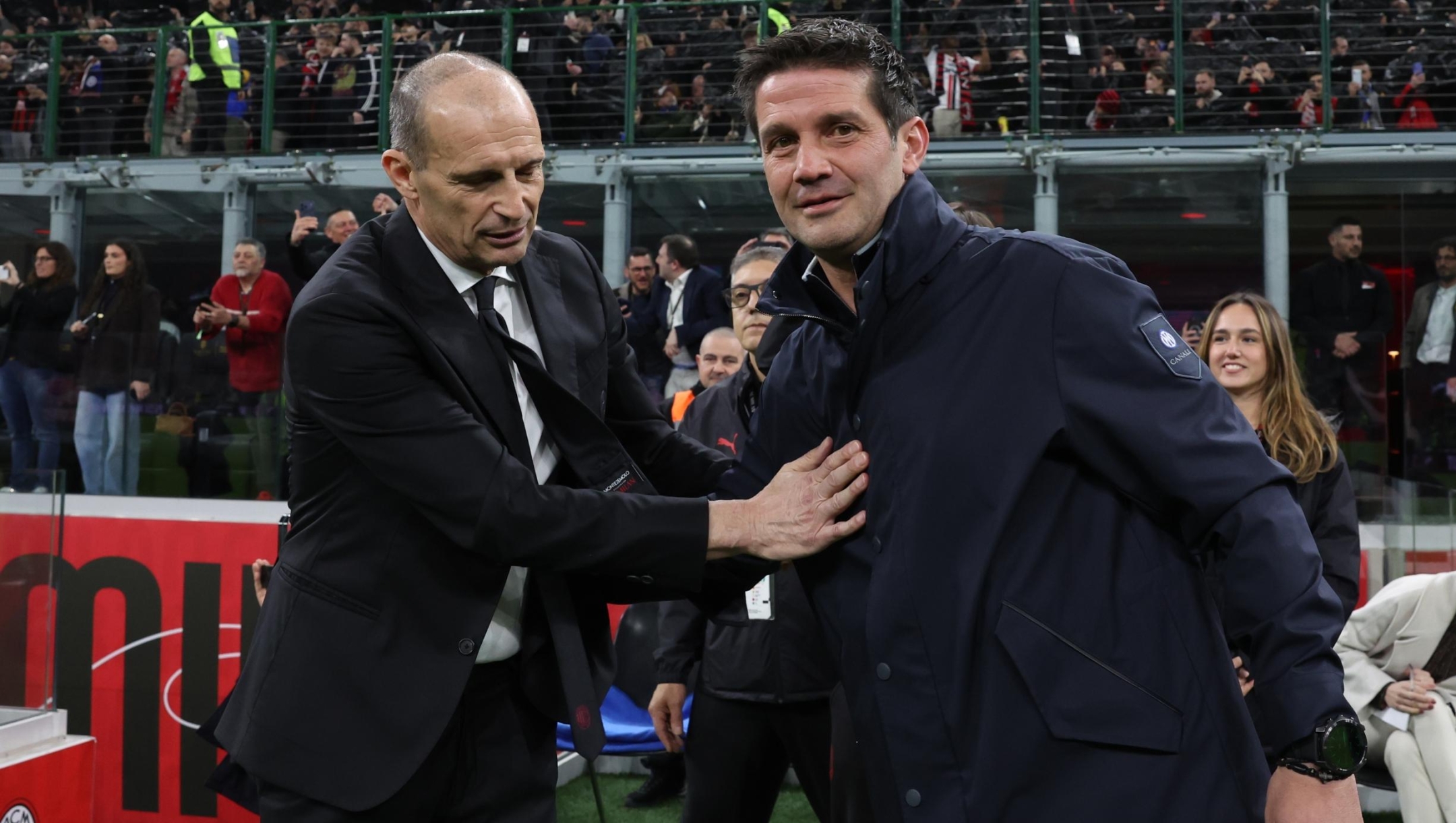   Head coach of AC Milan Massimiliano Allegri shakes hands with head coach of Inter Cristian Chivu before the Serie A match between AC Milan and FC Internazionale at Giuseppe Meazza Stadium on March 08, 2026 in Milan, Italy. (Photo by Claudio Villa/AC Milan via Getty Images)