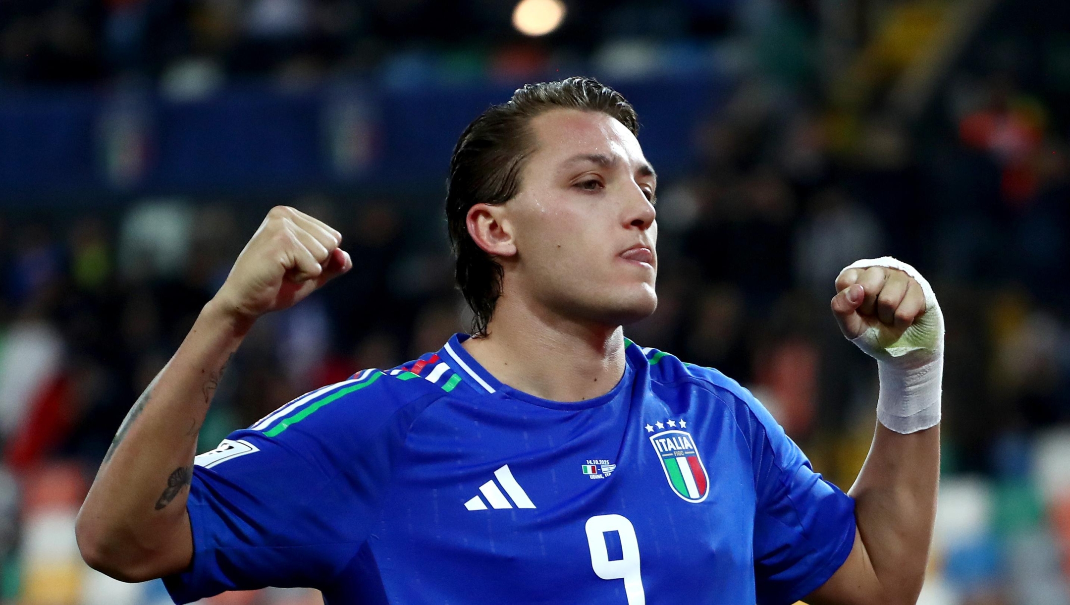  Mateo Retegui of Italy celebrates scoring his team's first goal during the FIFA World Cup 2026 qualifier match between Italy and Israel at Stadio Friuli on October 14, 2025 in Udine, Italy. (Photo by Marco Luzzani/Getty Images)