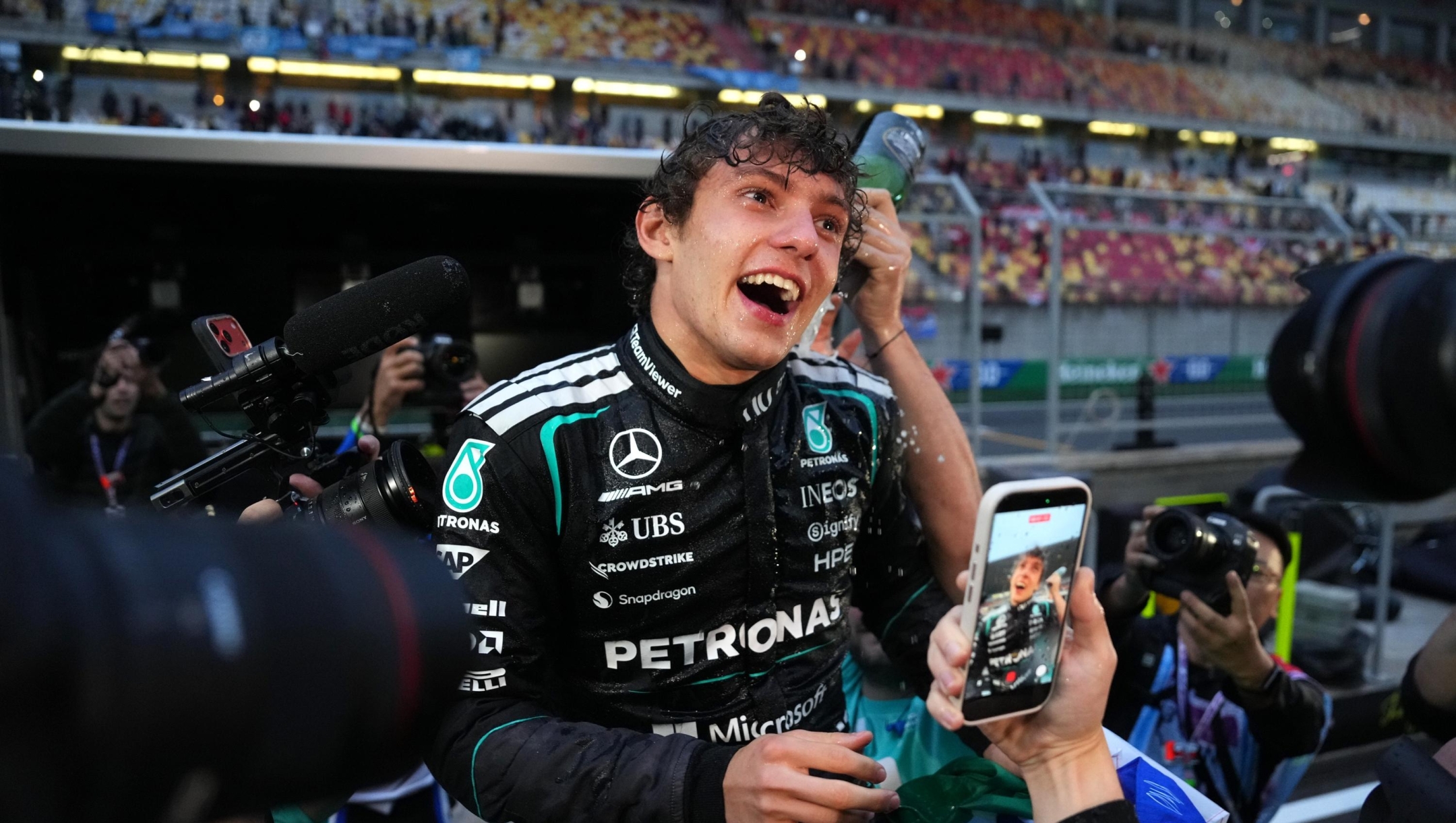  Race winner Andrea Kimi Antonelli of Italy and Mercedes AMG Petronas F1 Team celebrates with his team during the F1 Grand Prix of China at Shanghai International Circuit on March 15, 2026 in Shanghai, China. (Photo by Alex Bierens de Haan/Getty Images)