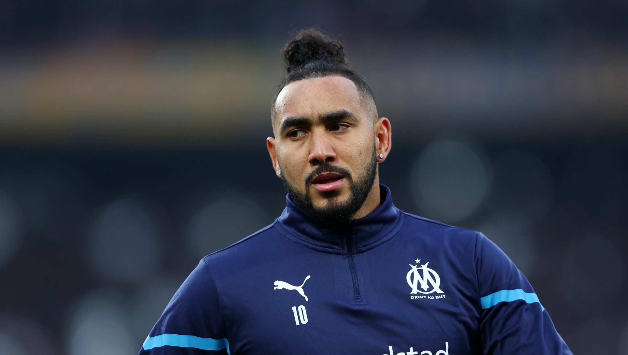  Dimitri Payet of Marseille warms up prior to the UEFA Conference League Semi Final Leg One match between Feyenoord and Olympique Marseille at De Kuip on April 28, 2022 in Rotterdam, Netherlands. (Photo by Lars Baron/Getty Images)