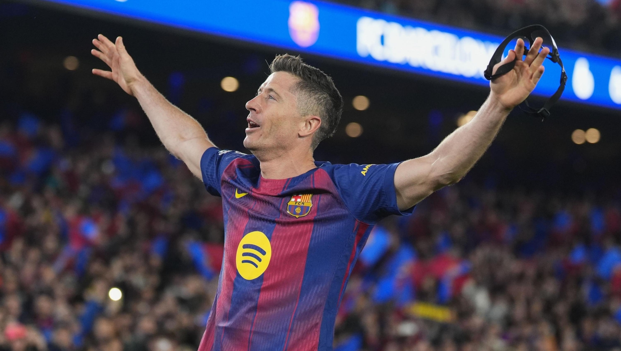 epa12830742 Barcelona's Robert Lewandowski celebrates scoring a goal during the UEFA Champions League round of 16 second leg soccer match between FC Barcelona and Newcastle United FC, in Barcelona, Spain, 18 March 2026.  EPA/Siu Wu