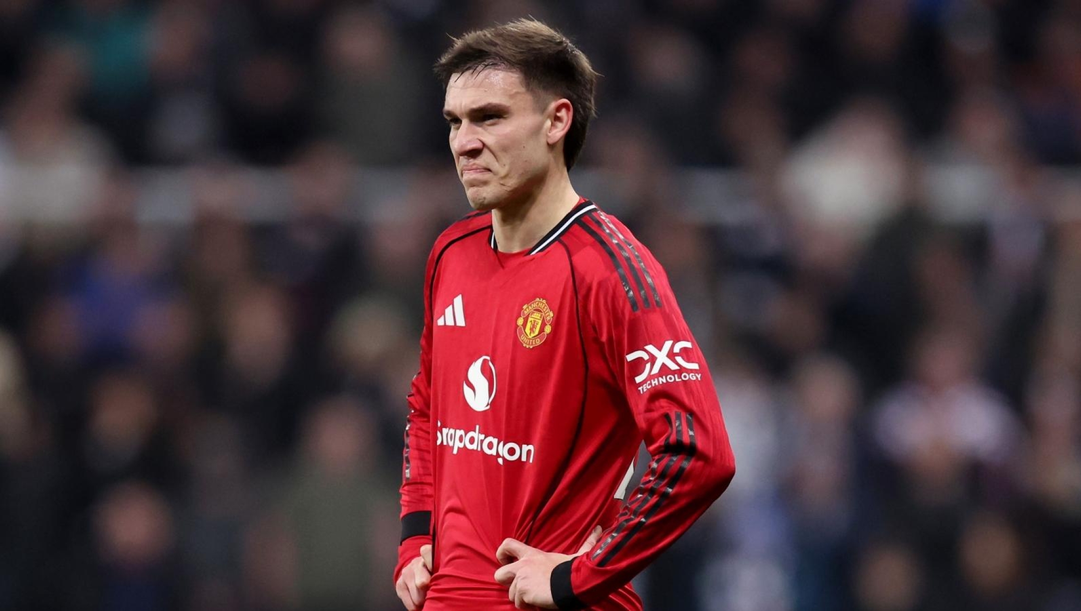  Manuel Ugarte of Manchester United looks dejected after William Osula of Newcastle United (not pictured) scores his team's second goal during the Premier League match between Newcastle United and Manchester United at St James' Park on March 04, 2026 in Newcastle upon Tyne, England. (Photo by George Wood/Getty Images)