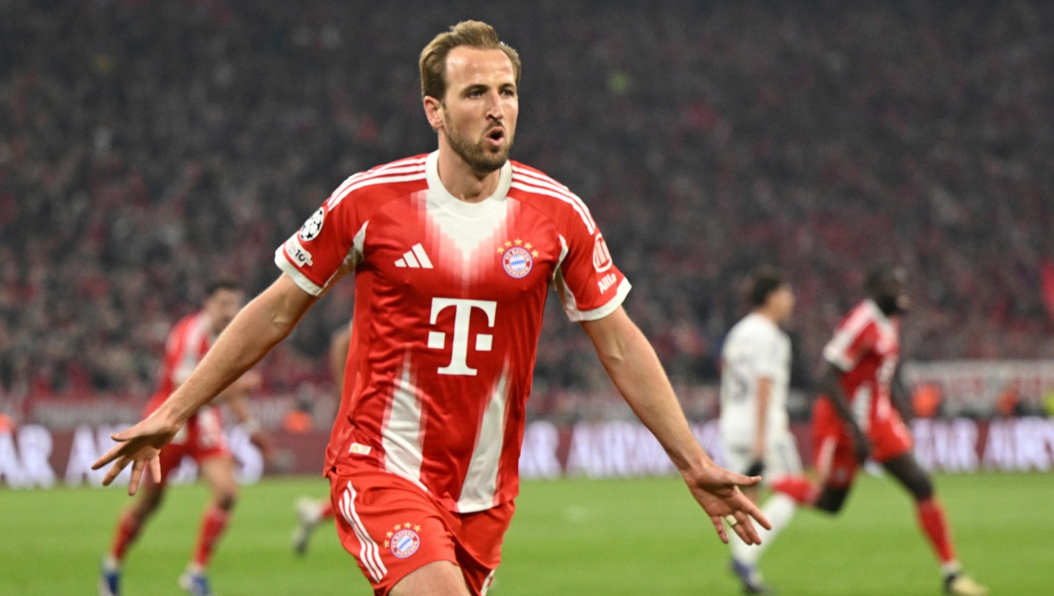 Bayern's Harry Kane celebrates after scoring his side's second goal during the Champions League quarterfinal second leg soccer match between Bayern Munich and Real Madrid in Munich, Germany, Wednesday, April 15, 2026. (AP Photo/Lennart Preiss)