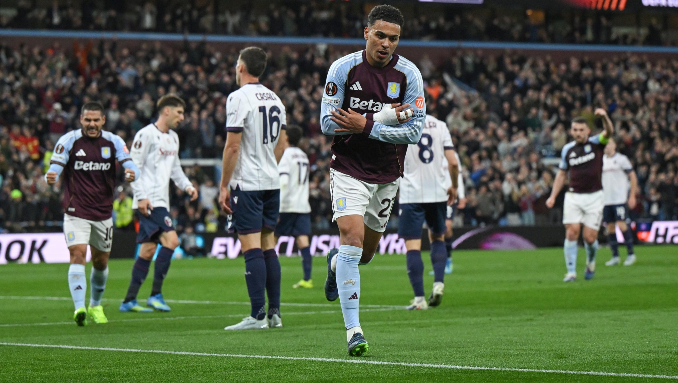  Morgan Rogers of Aston Villa celebrates scoring his team's third goal during the UEFA Europa League 2025/26 Quarter-Final Leg Two match between Aston Villa FC and Bologna FC 1909 at Villa Park on April 16, 2026 in Birmingham, England. (Photo by Shaun Botterill/Getty Images)