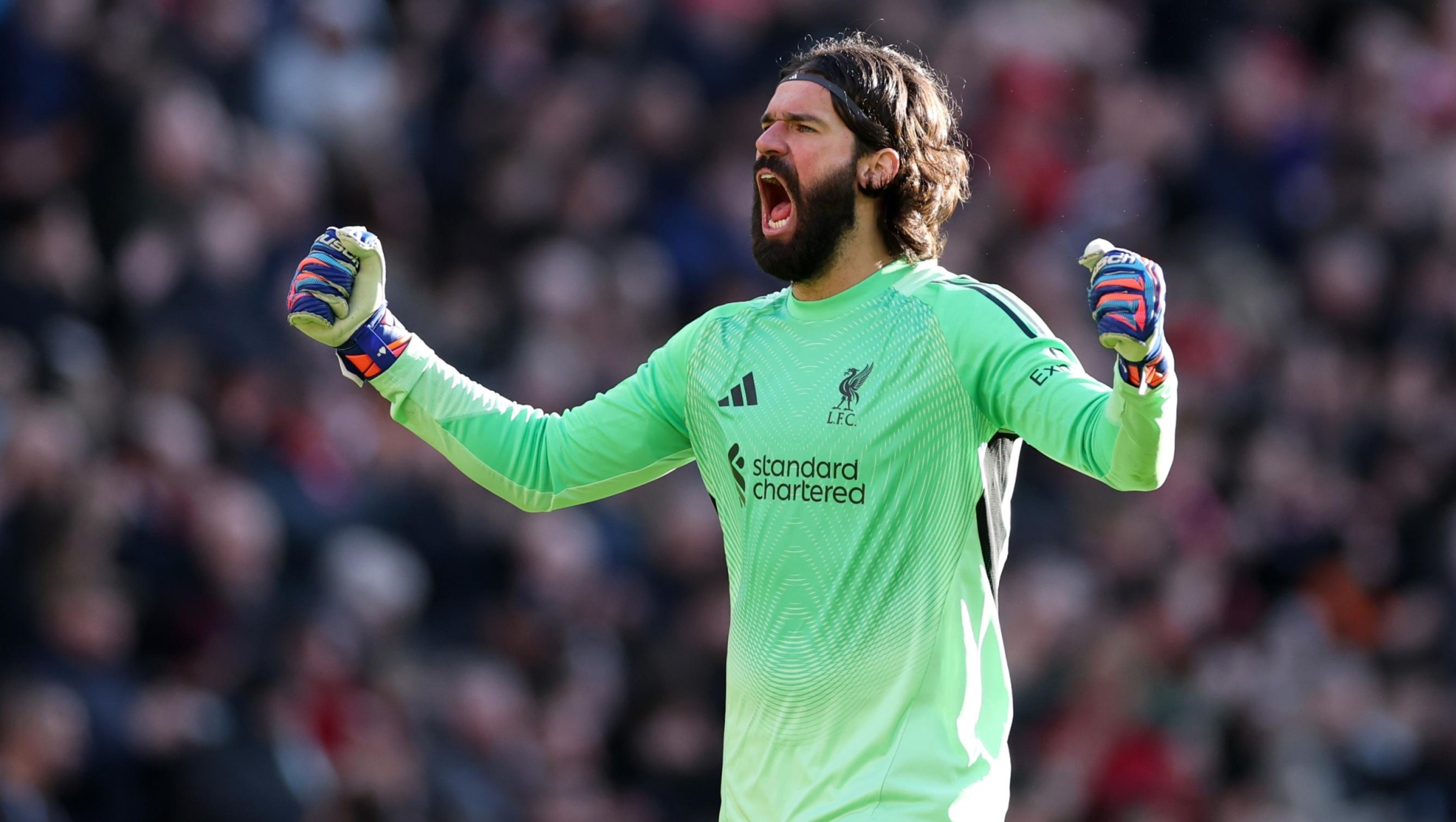  Alisson Becker of Liverpool celebrates after teammate Alexis Mac Allister (not pictured) scored the team's third goal during the Premier League match between Liverpool and West Ham United at Anfield on February 28, 2026 in Liverpool, England. (Photo by Dan Mullan/Getty Images)