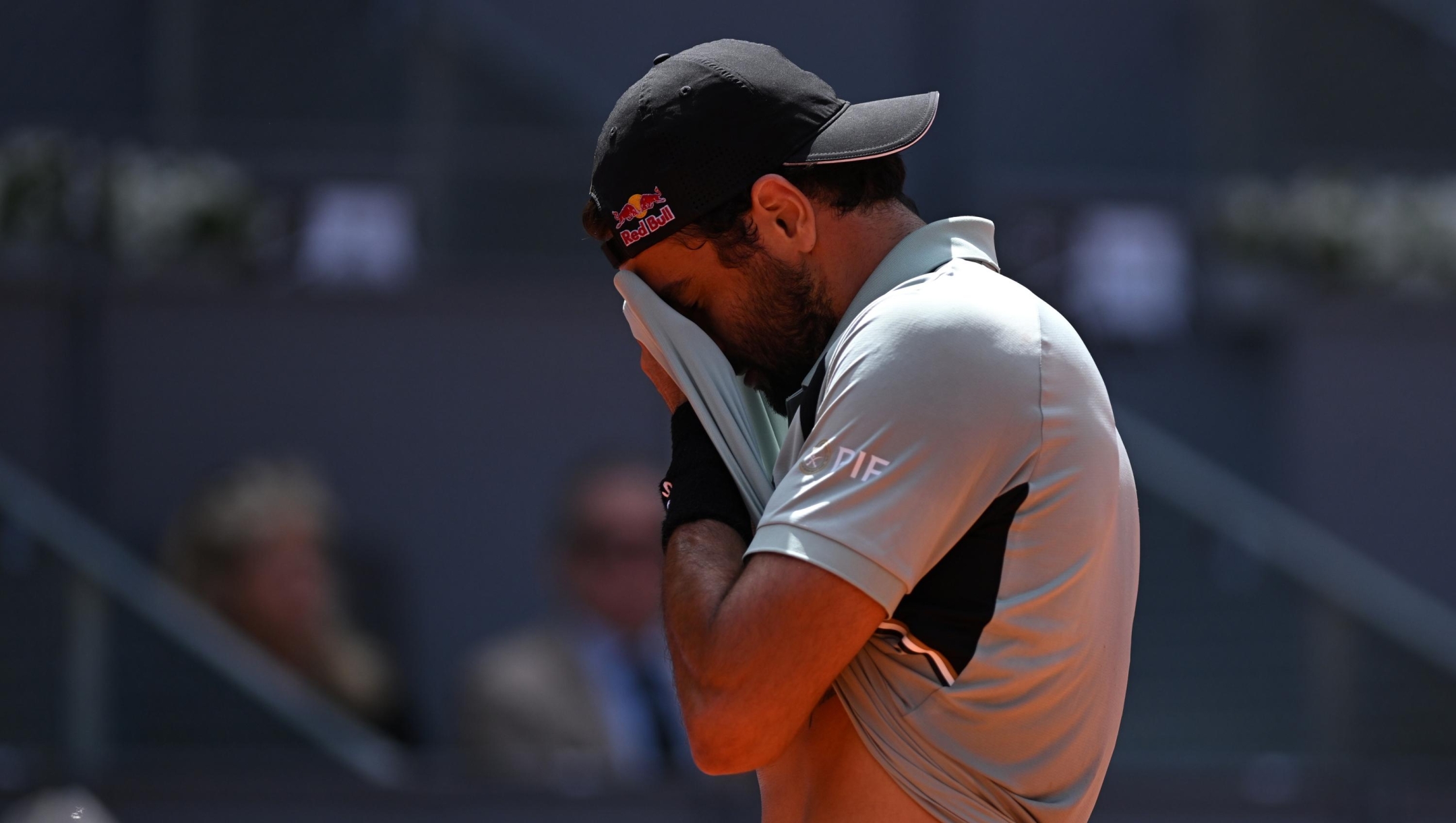   Matteo Berrettini of Italy reacts against Dino Prizmic of Croatia during the Men's Round of 128 match at La Caja Magica on April 22, 2026 in Madrid, Spain. (Photo by David Ramos/Getty Images)