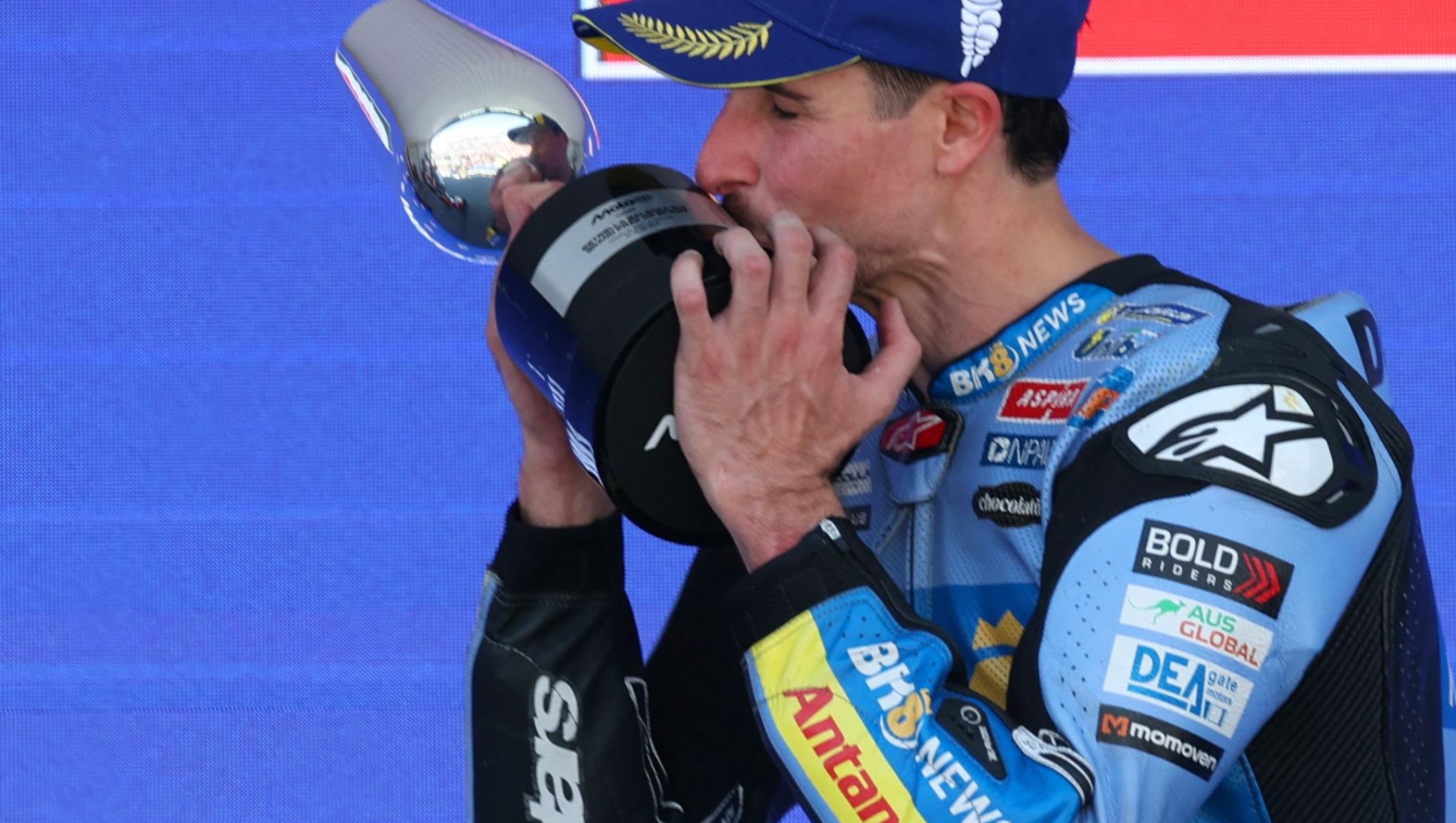 Winner team Gresini Racing MotoGP's Alex Marquez celebrates on the podium after the MotoGP Spanish Grand Prix at the Jerez racetrack in Jerez de la Frontera, on April 26, 2025. (Photo by Pierre-Philippe MARCOU / AFP)