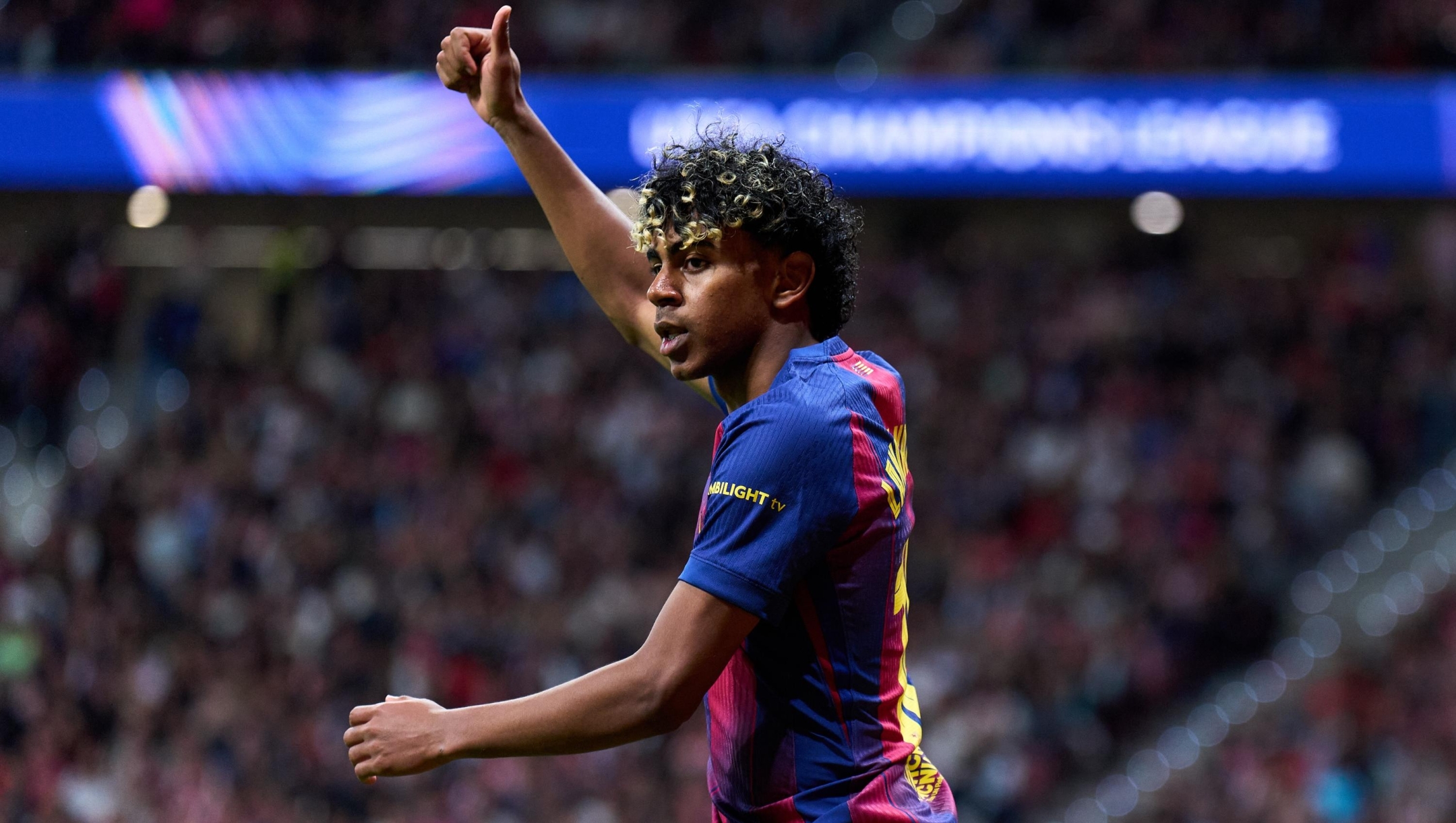 Lamine Yamal of FC Barcelona gestures during the UEFA Champions League 2025/26 Quarter-Final Second Leg match between Club Atlético de Madrid and FC Barcelona at  on April 14, 2026 in Madrid, Spain. (Photo by Angel Martinez/Getty Images)