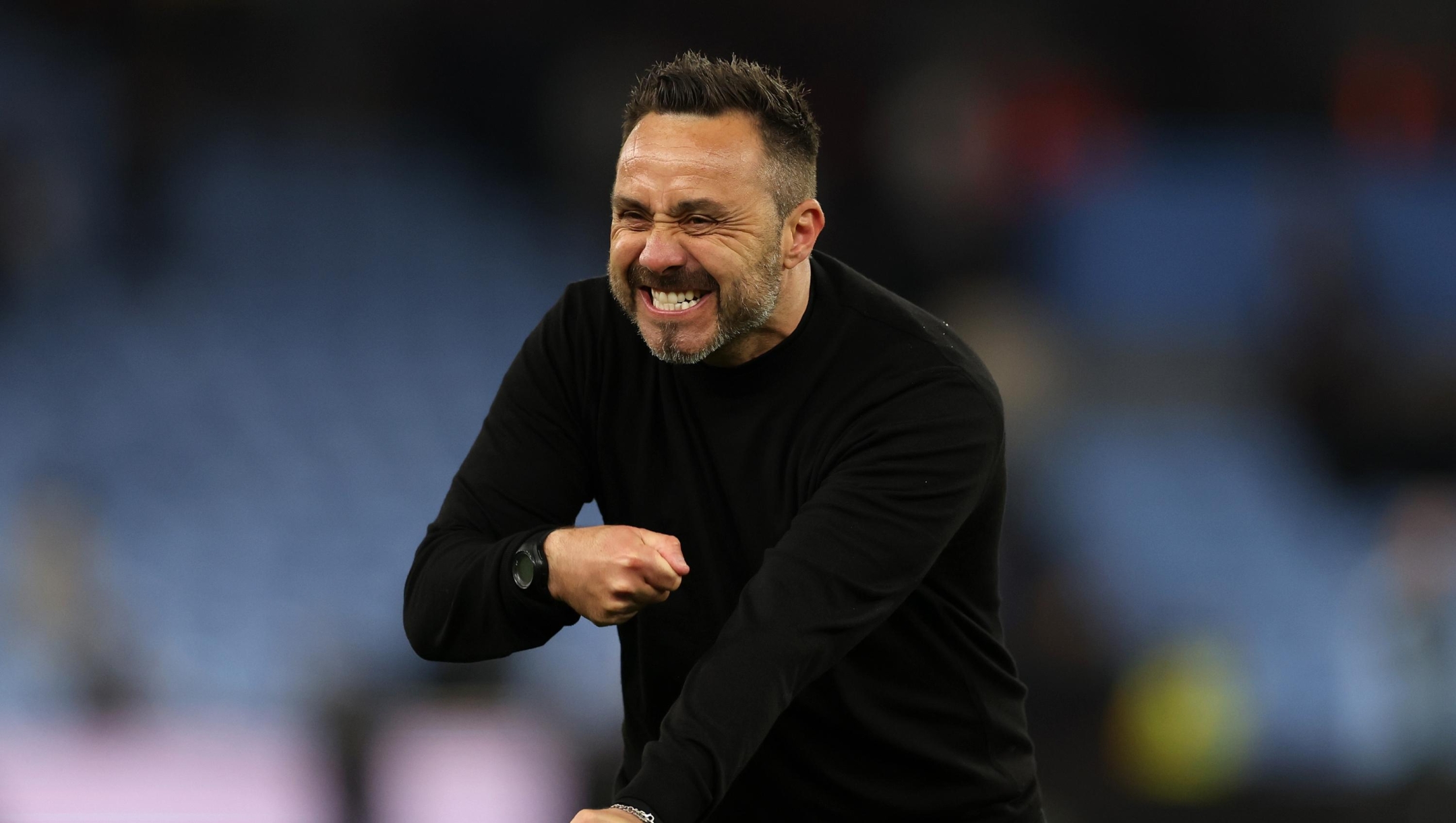  Roberto De Zerbi, Manager of Tottenham Hotspur, celebrates victory following  the Premier League match between Aston Villa and Tottenham Hotspur at Villa Park on May 03, 2026 in Birmingham, England. (Photo by Richard Heathcote/Getty Images)