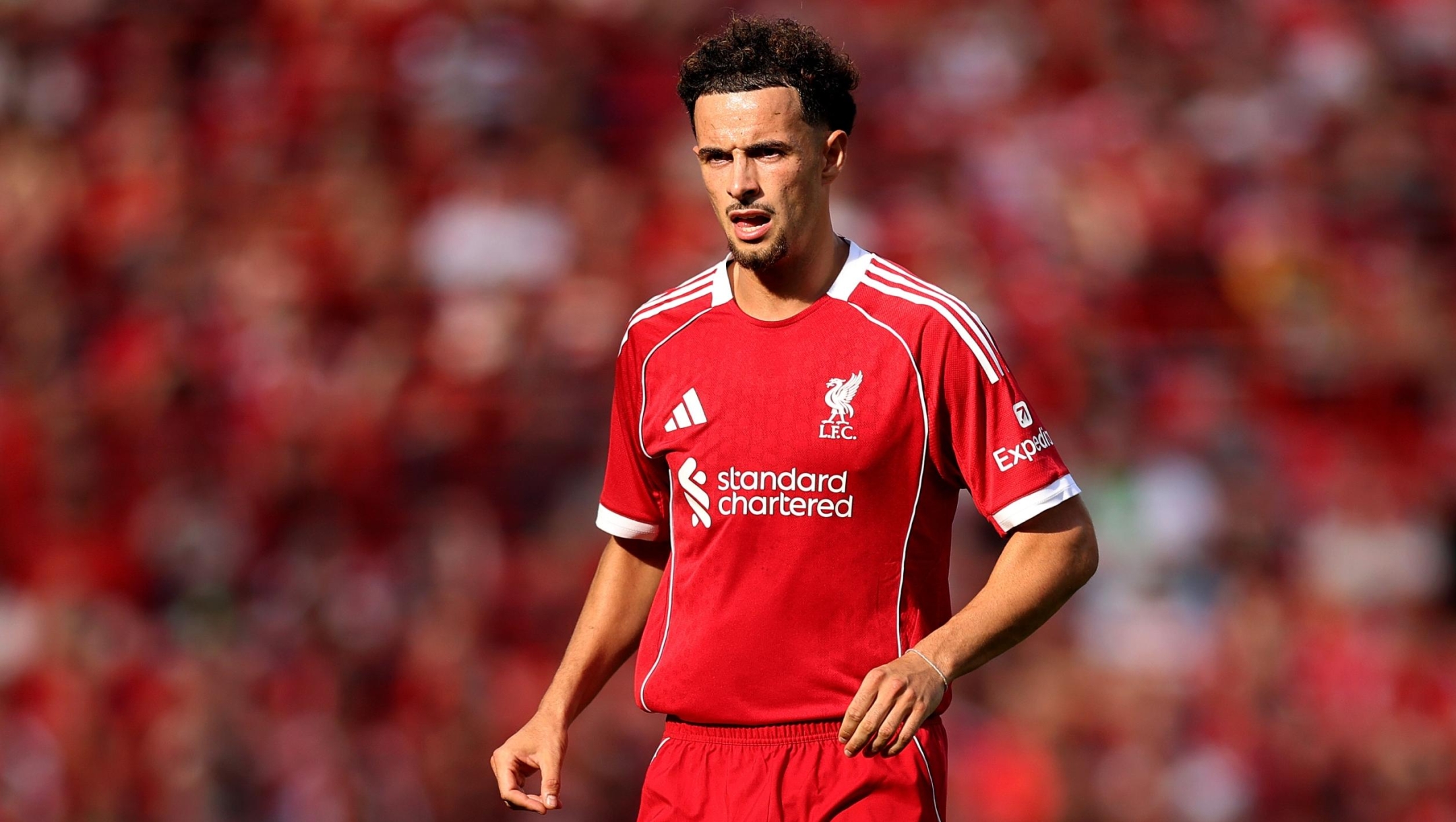   Curtis Jones of Liverpool during the pre-season friendly match between Liverpool v Athletic Club Bilbao at Anfield on August 04, 2025 in Liverpool, England. (Photo by Carl Recine/Getty Images)