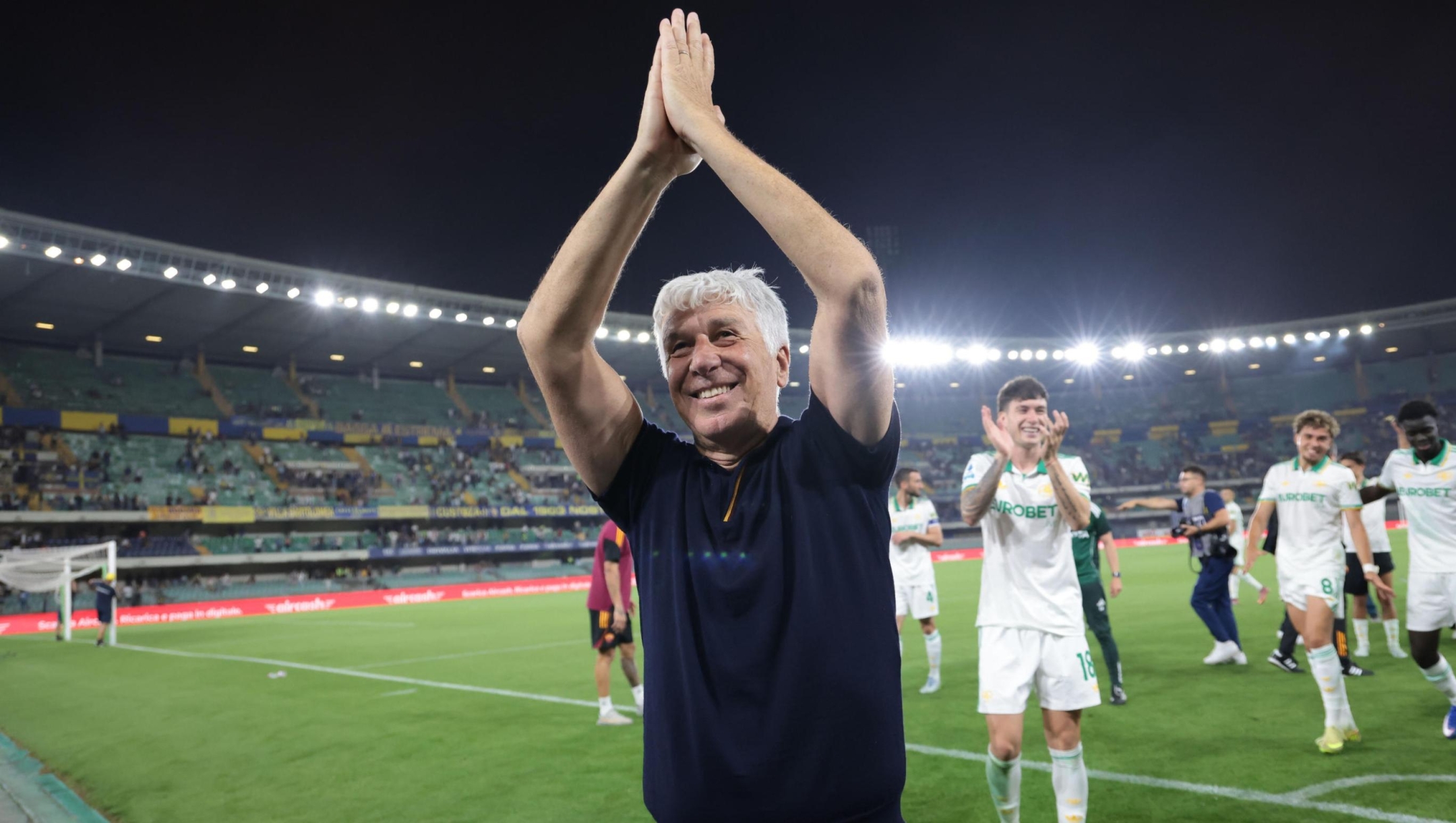 As Roma's Gian Piero Gasperini head coach celebrate the victory at the end of, during the Italian Serie A soccer match between Hellas Verona vs AS Roma at Marcantonio Bentegodi Stadium, in Verona, Italy, 24 May 2026.  ANSA/EMANUELE PENNACCHIO
