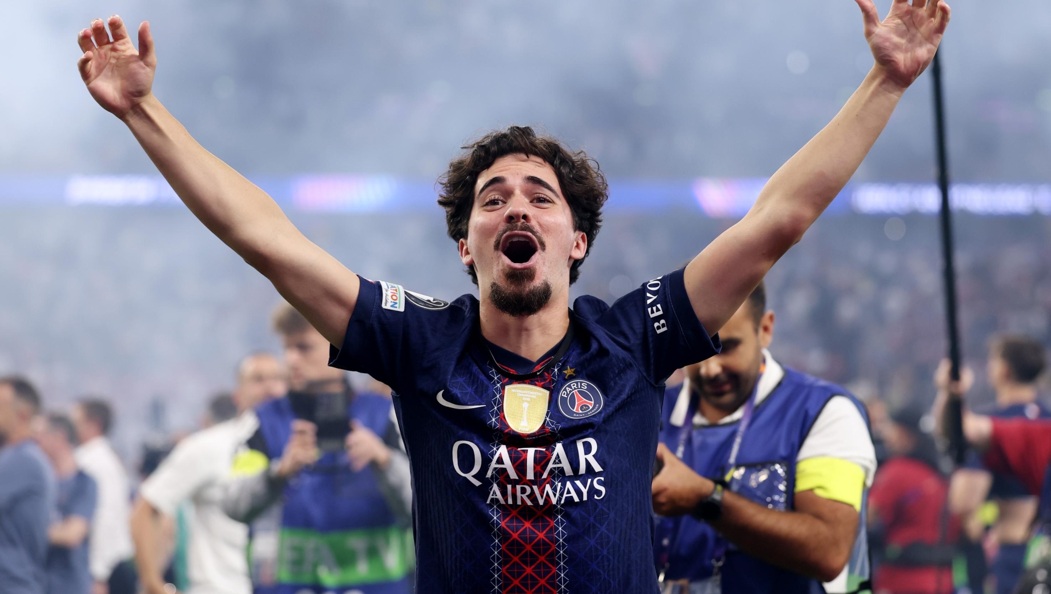  Vitinha of Paris Saint-Germain celebrates victory following the UEFA Champions League Final 2026 match between Paris Saint-Germain and Arsenal FC at Puskas Arena on May 30, 2026 in Budapest, Hungary. (Photo by Justin Setterfield/Getty Images)