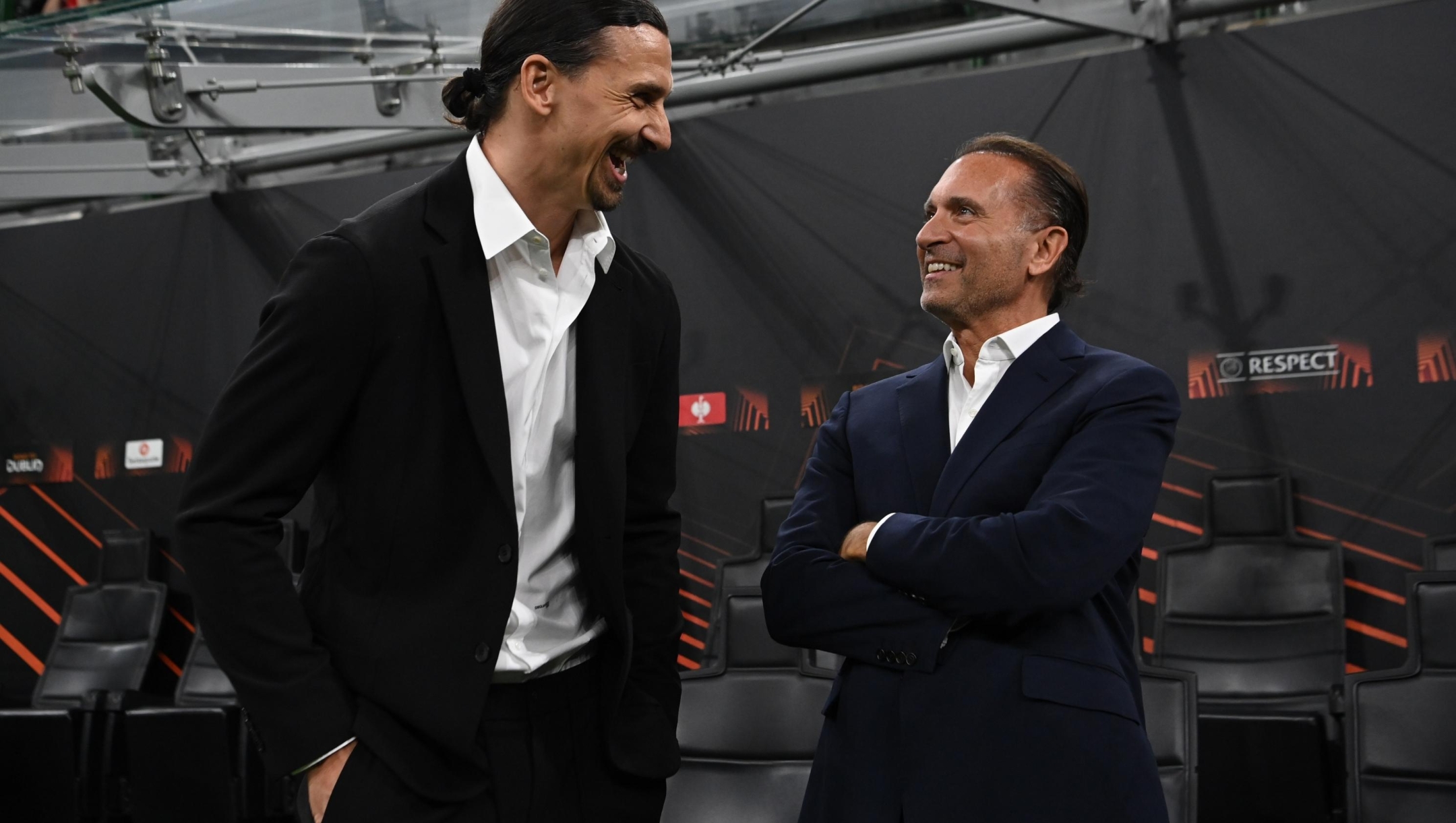   AC Milan owner Gerry Cardinale and Zlatan Ibrahimovic attend the UEFA Europa League 2023/24 Quarter-Final first leg match between AC Milan and AS Roma at Stadio Giuseppe Meazza on April 11, 2024 in Milan, Italy. (Photo by Claudio Villa/AC Milan via Getty Images)