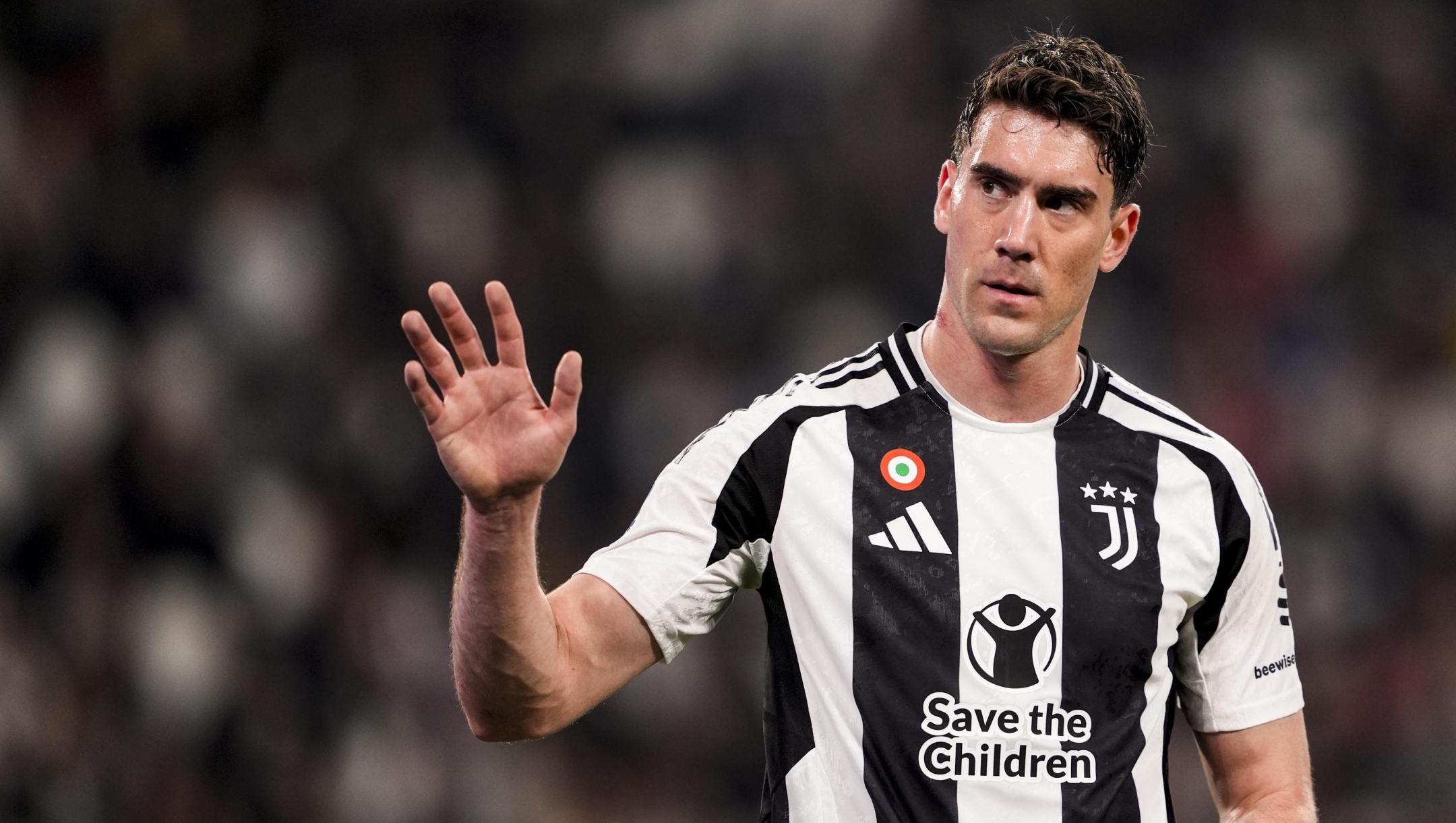 Juventus’ Dusan Vlahovic during the Serie A soccer match between Juventus Fc and Lecce at the Juventus Stadium in Turin, north west Italy - April 12, 2025. Sport - Soccer (Photo by Fabio Ferrari/LaPresse)