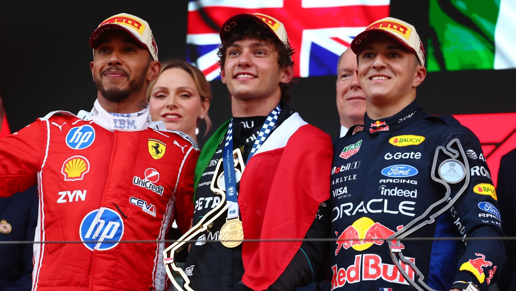  Race winner Andrea Kimi Antonelli of Italy and Mercedes AMG Petronas F1 Team Second placed Lewis Hamilton of Great Britain and Scuderia Ferrari and Third placed Isack Hadjar of France and Oracle Red Bull Racing on the podium during the F1 Grand Prix of Monaco at Circuit de Monaco on June 07, 2026 in Monte-Carlo, Monaco. (Photo by Joe Portlock/Getty Images)