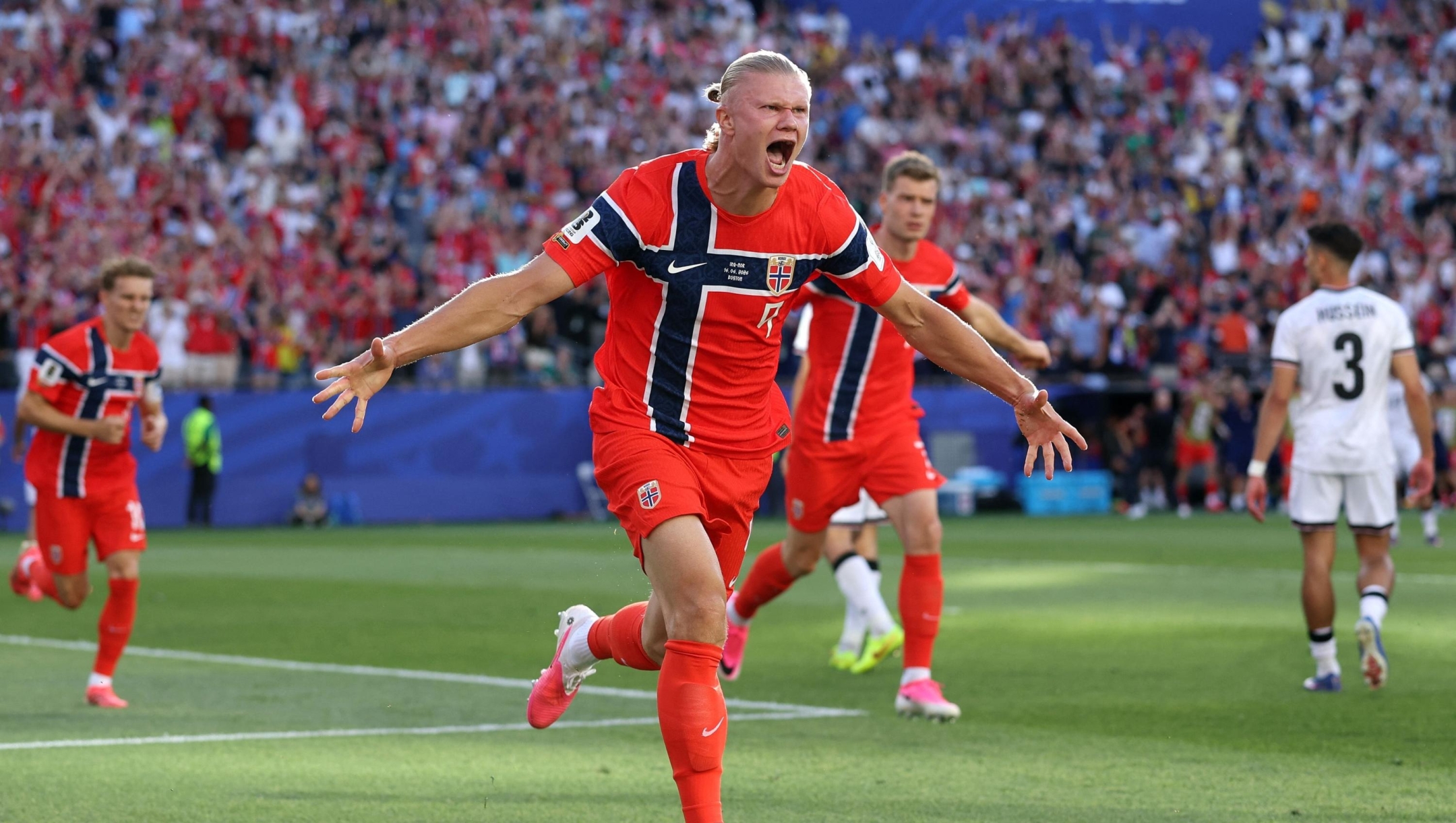  Erling Haaland #9 of Norway celebrates scoring his team's first goal during the FIFA World Cup 2026 Group I match between Iraq and Norway at Boston Stadium on June 16, 2026 in Foxborough, Massachusetts.   Justin Setterfield/Getty Images/AFP (Photo by Justin Setterfield / GETTY IMAGES NORTH AMERICA / Getty Images via AFP)