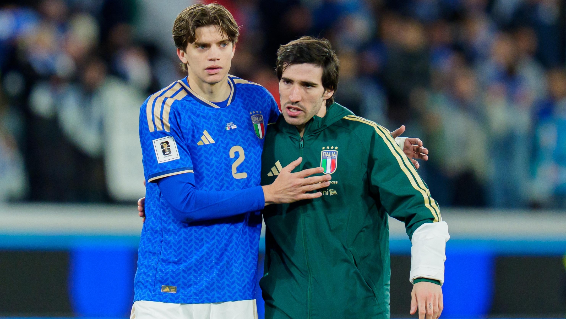 Marco Palestra of Italy and Sandro Tonali of Italy celebrate the victory during the UEFA World Cup Qualifier match between Italy and Northern Ireland at New Balance Arena on March 26, 2026 in Bergamo, Italy  (Photo by Giuseppe Maffia/NurPhoto) (Photo by Giuseppe Maffia / NurPhoto via AFP)