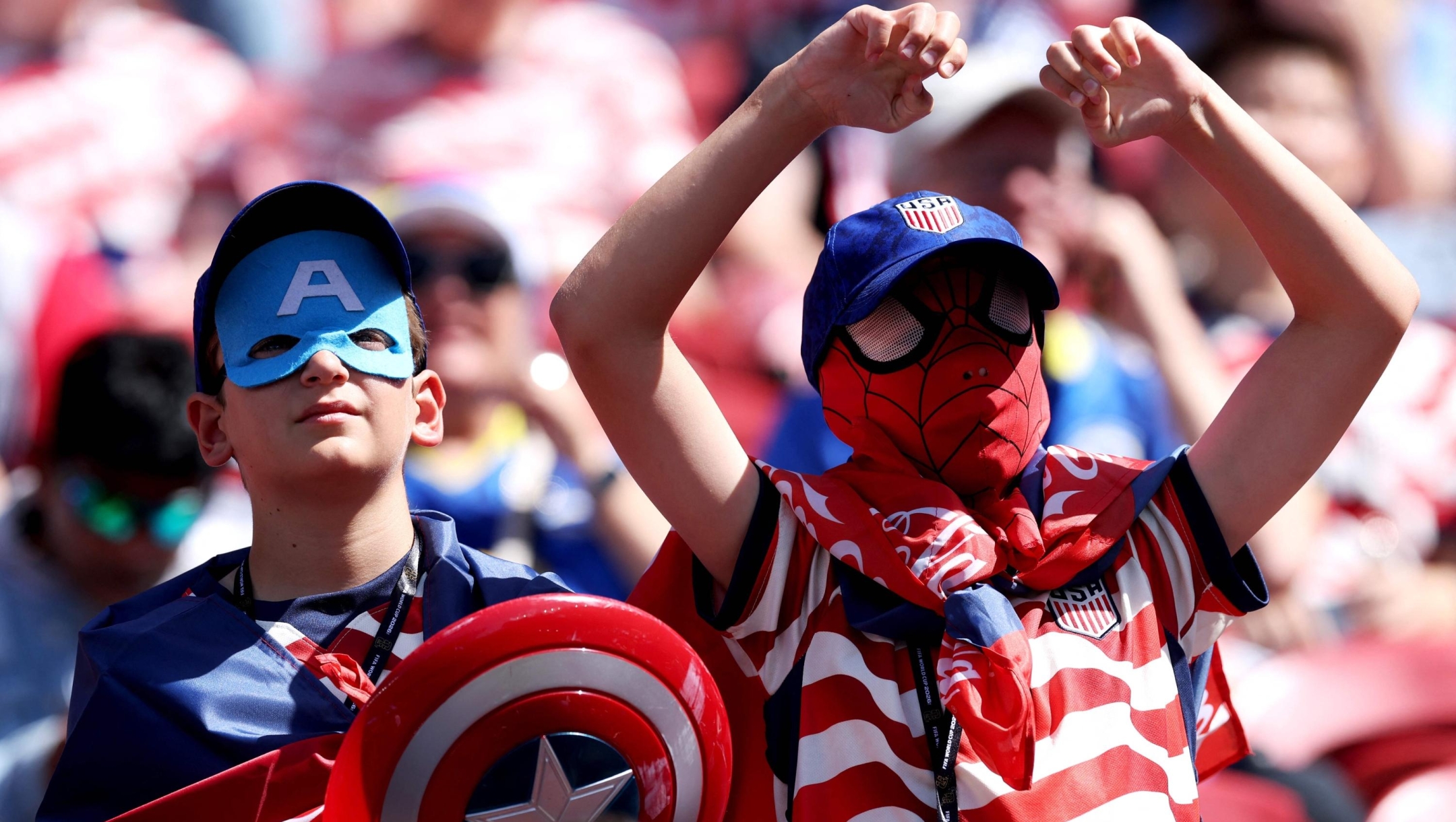  Fans of the United States show their support in the stands before the FIFA World Cup 2026 Round Of 32 match between USA and Bosnia and Herzegovina at San Francisco Bay Area Stadium on July 01, 2026 in Santa Clara, California.   Jamie Squire/Getty Images/AFP (Photo by JAMIE SQUIRE / GETTY IMAGES NORTH AMERICA / Getty Images via AFP)