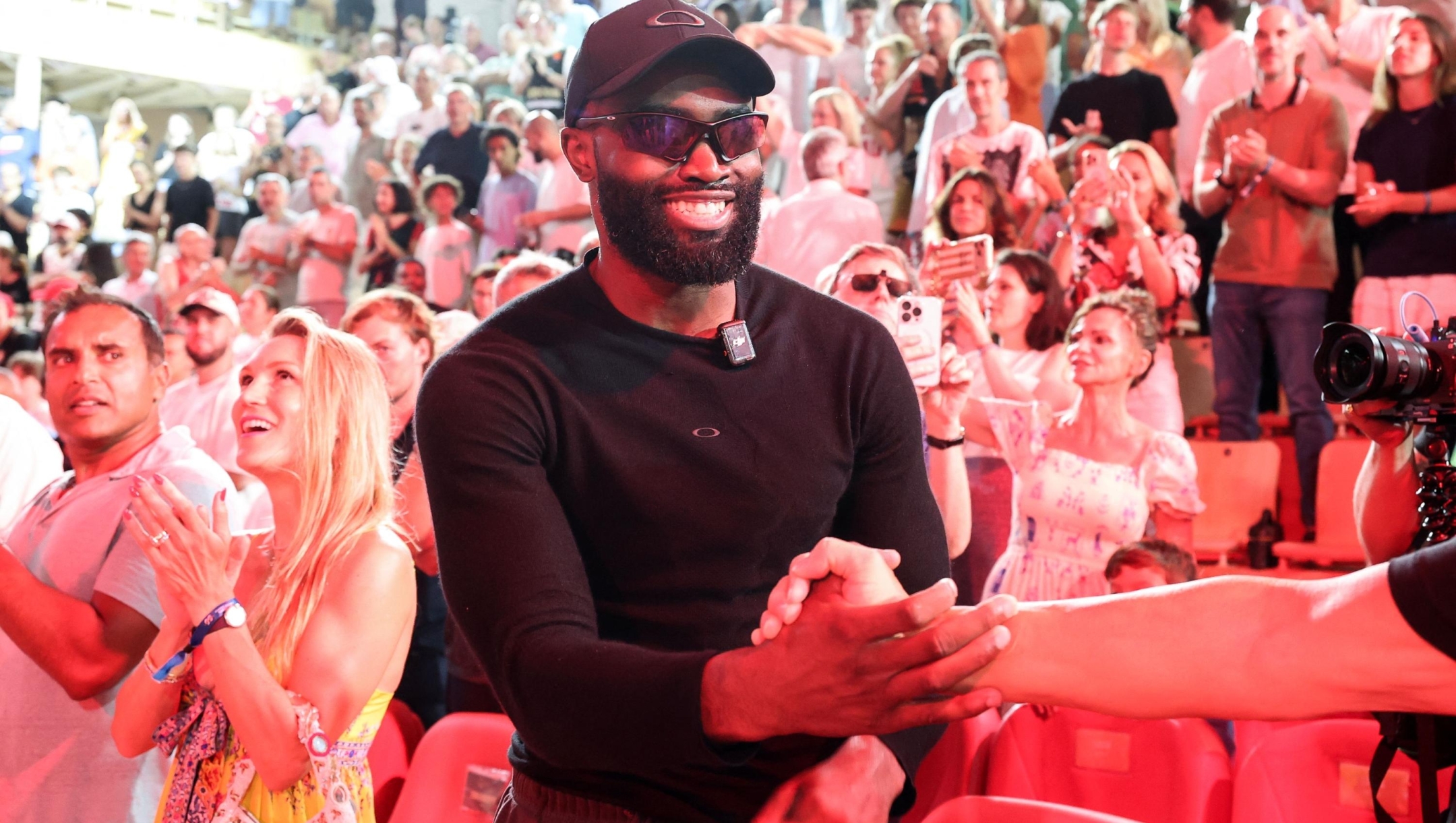 Boston Celtic's US basket ball player Jaylen Brown (C) reacts at the end of the French Ligue Nationale de Basket (LNB Elite) Pro A game four of the final between AS Monaco Basket and Paris Basketball, at the Gaston Medecin arena in Monaco on June 21, 2026. (Photo by Valery HACHE / AFP)