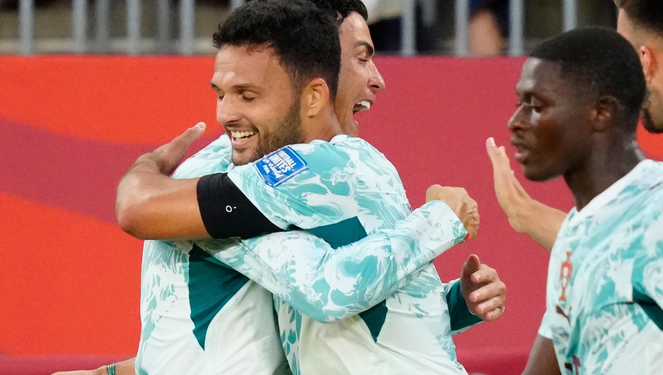 Portugal's Goncalo Ramos, front, and Cristiano Ronaldo celebrate after Ramos scored a goal during the World Cup round of 32 soccer match between Portugal and Croatia in Toronto, Thursday, July 2, 2026. (Frank Gunn/The Canadian Press via AP)
