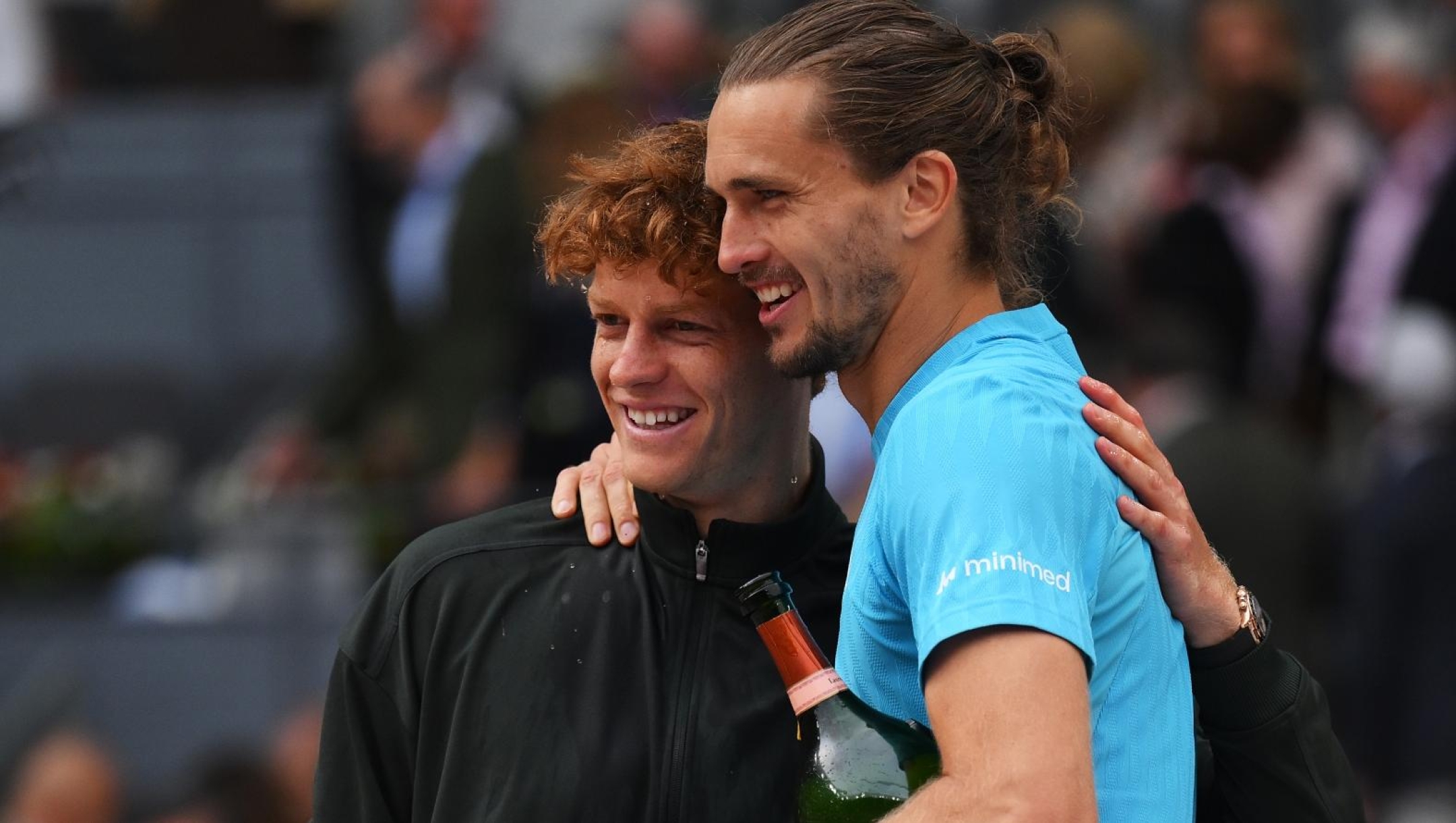    Alexander Zverev of Germany and Jannik Sinner of Italy celebrate after the Men's Final during the Mutua Madrid Open 2026 tournament at La Caja Magica on May 03, 2026 in Madrid, Spain. (Photo by David Ramos/Getty Images)