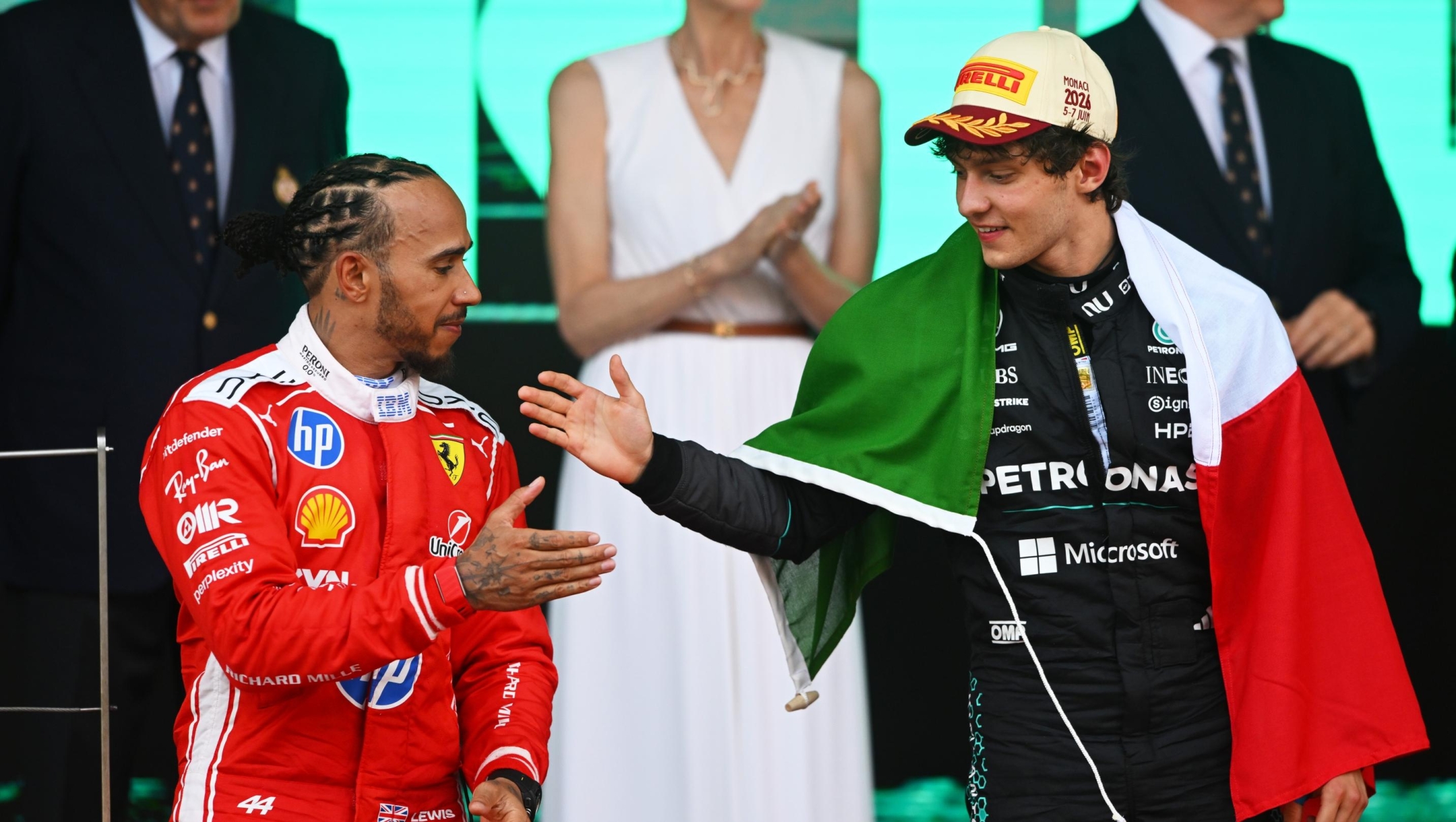  Race winner Andrea Kimi Antonelli of Italy and Mercedes AMG Petronas F1 Team and Second placed Lewis Hamilton of Great Britain and Scuderia Ferrari on the podium during the F1 Grand Prix of Monaco at Circuit de Monaco on June 07, 2026 in Monte-Carlo, Monaco. (Photo by Rudy Carezzevoli/Getty Images)