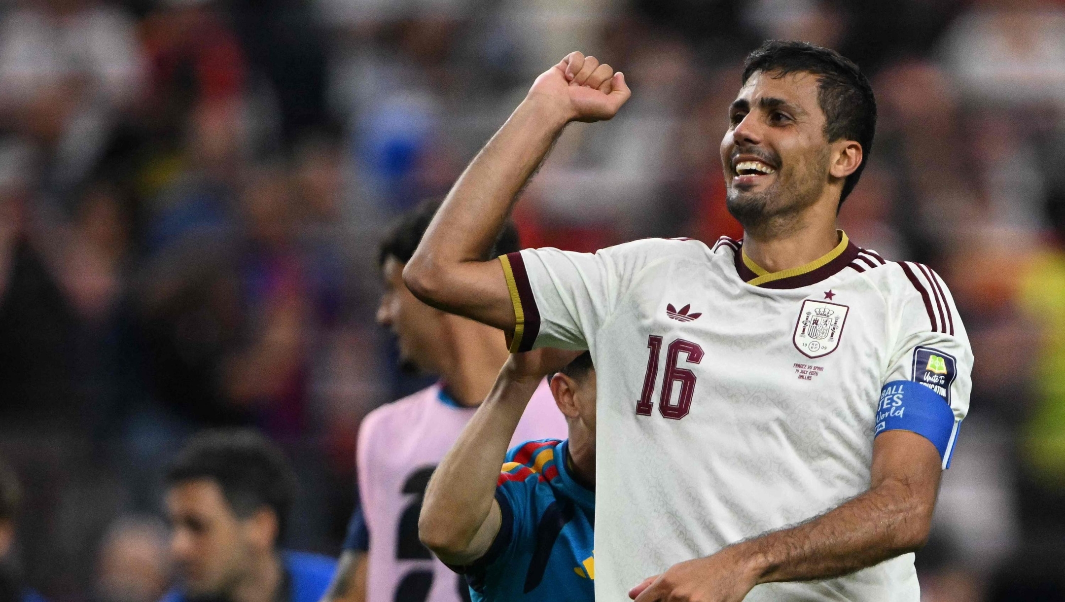 Spain's midfielder #16 Rodri celebrates after his team won the 2026 World Cup football tournament semi-final match between France and Spain at the Dallas Stadium in Arlington on July 14, 2026.  (Photo by MAURO PIMENTEL / AFP)