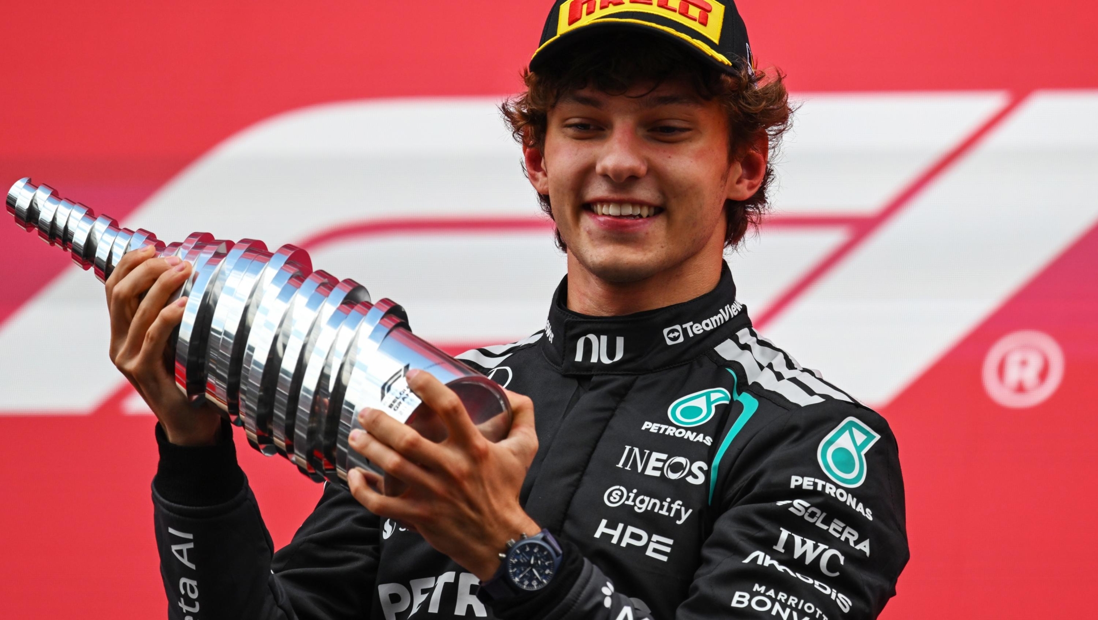  Race winner Andrea Kimi Antonelli of Italy and Mercedes AMG Petronas F1 Team on the podium with his trophy during the F1 Grand Prix of Belgium at Circuit de Spa-Francorchamps on July 19, 2026 in Spa, Belgium. (Photo by Rudy Carezzevoli/Getty Images)