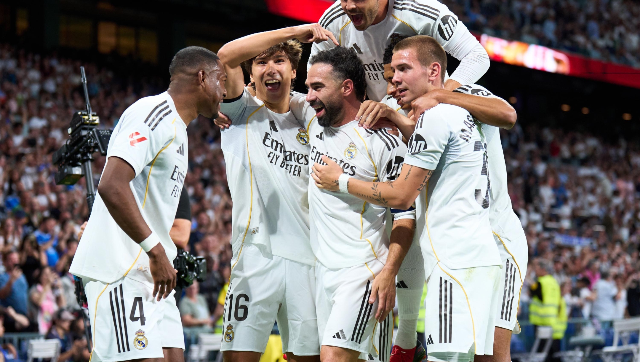  Gonzalo García of Real Madrid celebrates after scoring his team's first goal with teammates during the LaLiga EA Sports match between Real Madrid CF and Athletic Club at Estadio Santiago Bernabeu on May 23, 2026 in Madrid, Spain. (Photo by Angel Martinez/Getty Images)
