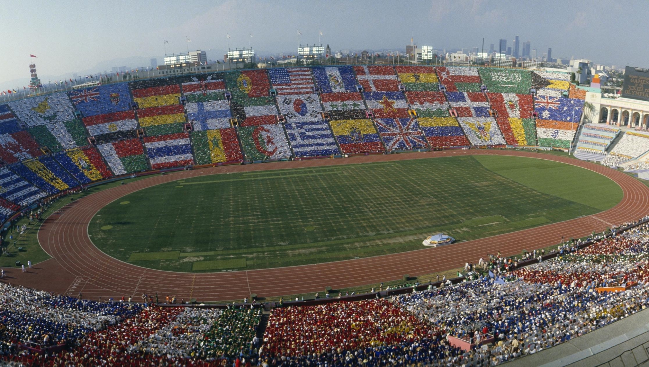 Panoramic view of the opening ceremony of the 1984 Summer Olympics in the Los Angeles Coliseum.   (Photo by Gilbert Iundt/Corbis/VCG via Getty Images)