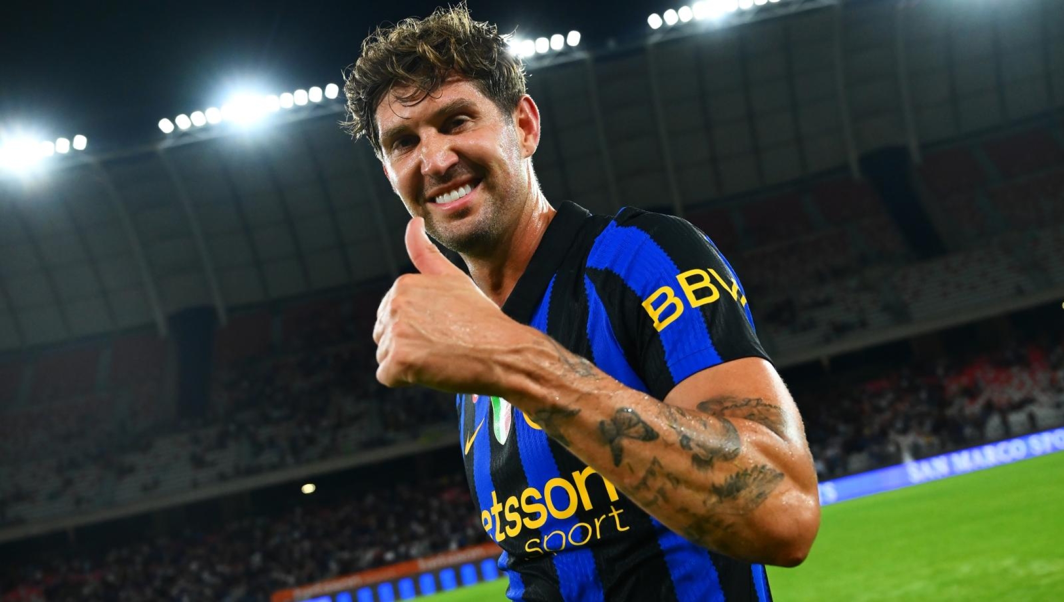  John Stones of FC Internazionale reacts at the end of the pre-season friendly match between FC Internazionale and Real Betis at Stadio San Nicola on August 15, 2026 in Bari, Italy. (Photo by Mattia Pistoia - Inter/Inter via Getty Images)