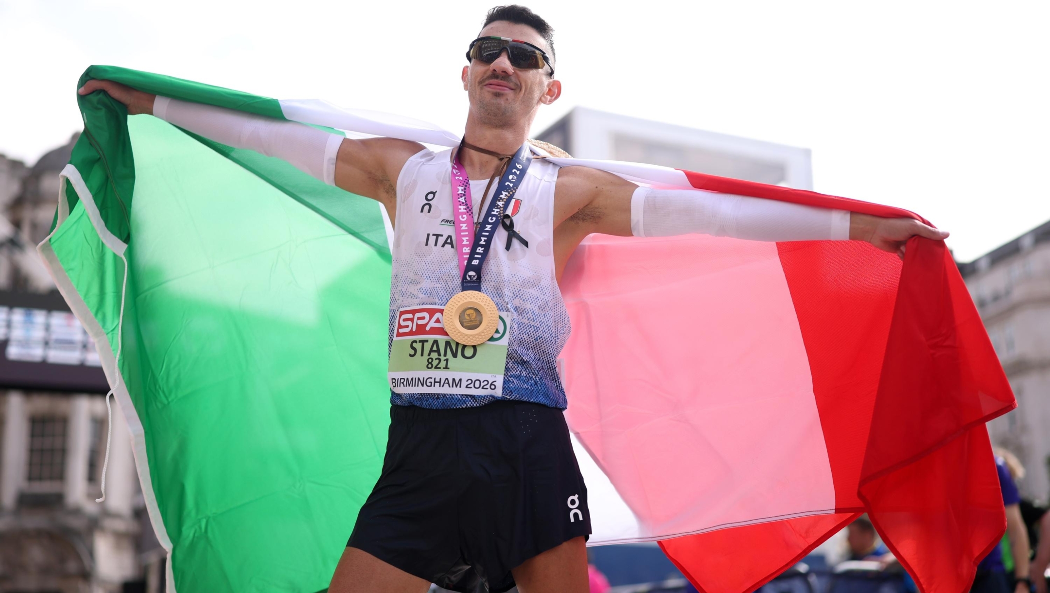  Gold medalist Massimo Stano of Team Italy celebrates following victory in the Men's Marathon Race Walk during day six of the 27th European Athletics Championships at Alexander Stadium on August 15, 2026 in Birmingham, England. (Photo by Maja Hitij/Getty Images for European Athletics)