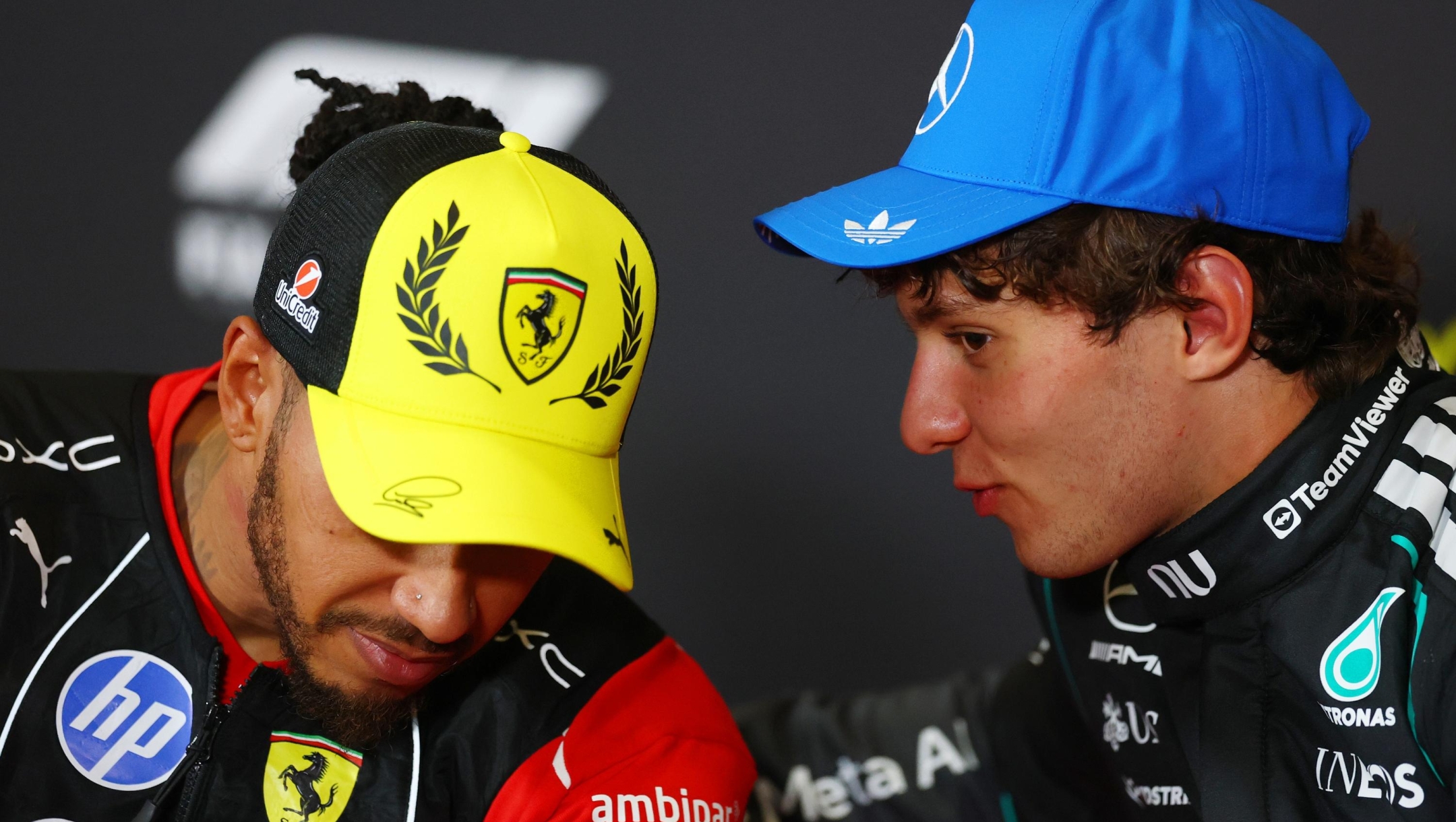  Sprint winner Andrea Kimi Antonelli of Italy and Mercedes AMG Petronas F1 Team and Second placed Lewis Hamilton of Great Britain and Scuderia Ferrari talk in the Drivers Press Conference during the Sprint ahead of the F1 Grand Prix of Great Britain at Silverstone Circuit on July 04, 2026 in Northampton, England. (Photo by Clive Rose/Getty Images)
