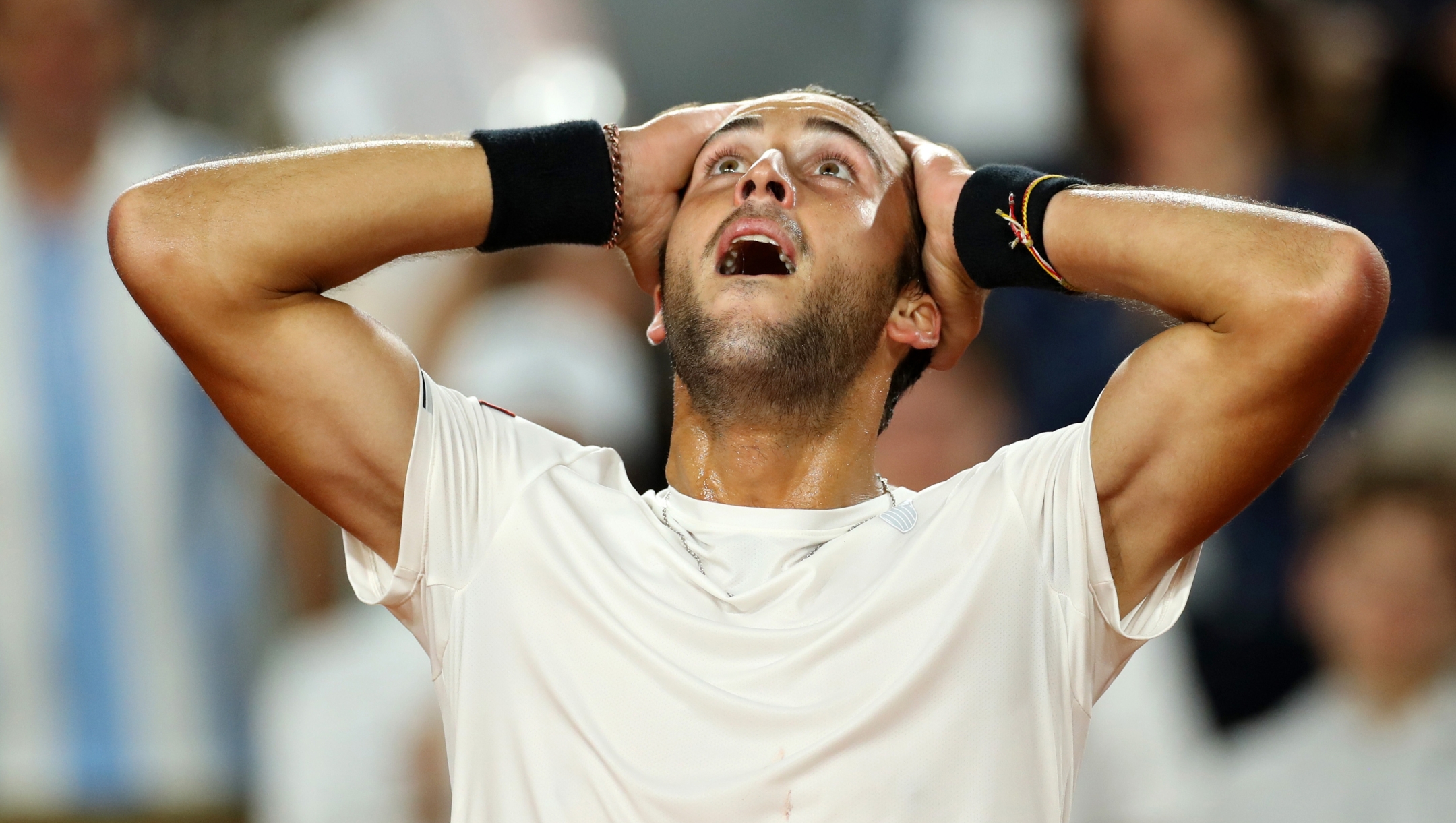 PARIS, FRANCE - JUNE 05: Tomas Martín Etcheverry of Argentina celebrates winning match point against Yoshihito Nishioka of Japan during the Men's Singles Fourth Round match on Day Nine of the 2023 French Open at Roland Garros on June 05, 2023 in Paris, France. (Photo by Lewis Storey/Getty Images)